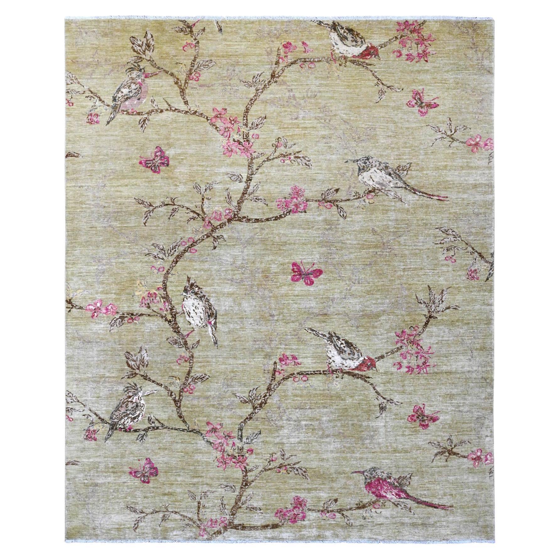 8'3 "x9'9" Green Sparrows on the Tree Peshawar Tappeto orientale interamente annodato a mano in lana in vendita