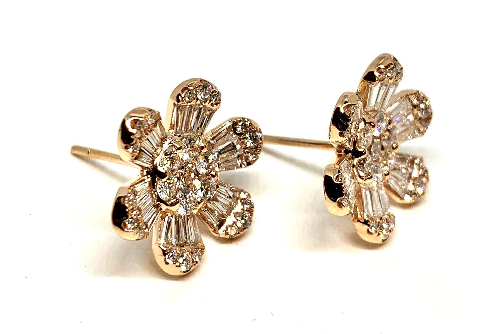 These pretty rose gold stud earrings feature diamond rounds and baguettes in a lovely floral motif! Spring has arrived, with these gorgeous earrings crafted in 18k rose gold. So feminine, and classic - with a modern twist! An eye-catching and