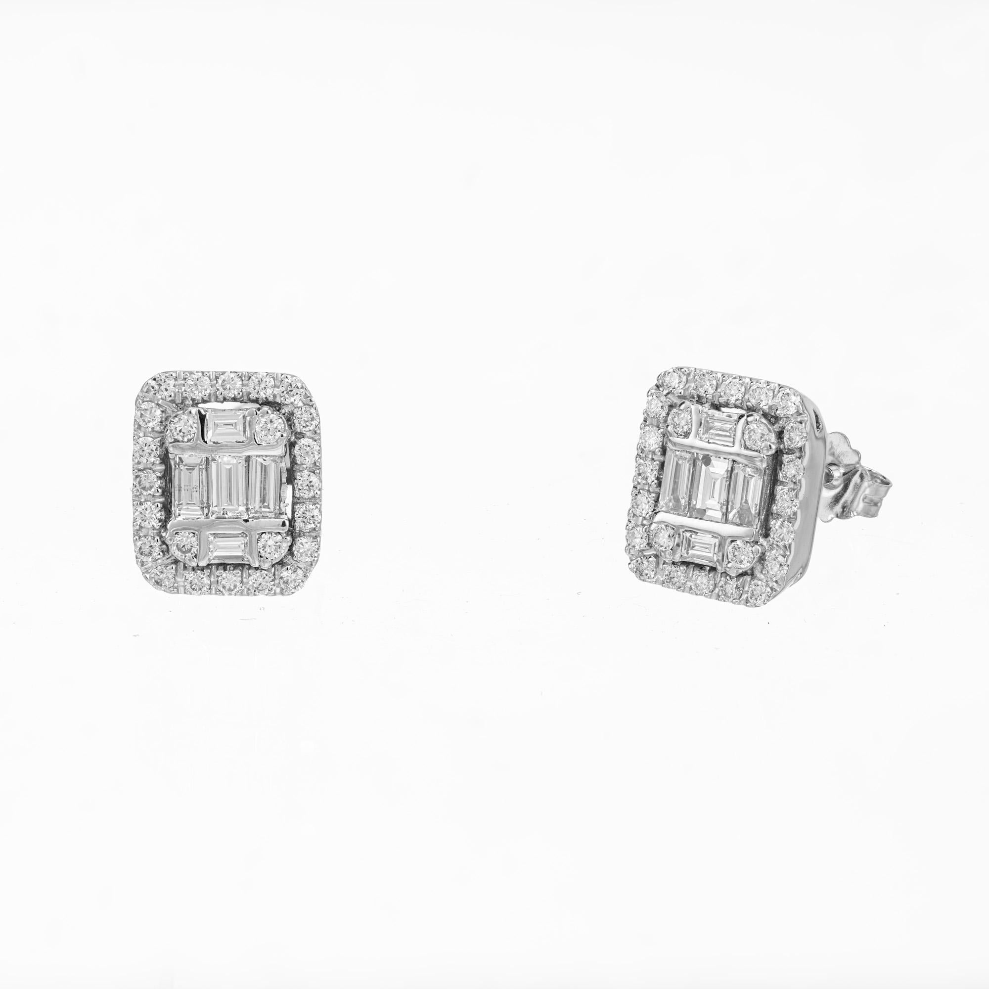 Stylish modern diamond rectangular earrings. Each earring has five baguette diamonds in the center and one round diamond in each corner. Both centers are haloed with round cut diamonds. These earrings have great brilliance along with a matching