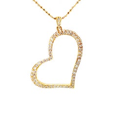 .84 Carat Total Diamond Pave Open Heart Yellow Gold Pendant Necklace