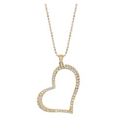 .84 Carat Total Diamond Pave Open Heart Yellow Gold Pendant Necklace