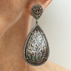 84 Carats Carved Iridescent Mother of Pearl with Pave Diamond Earrings