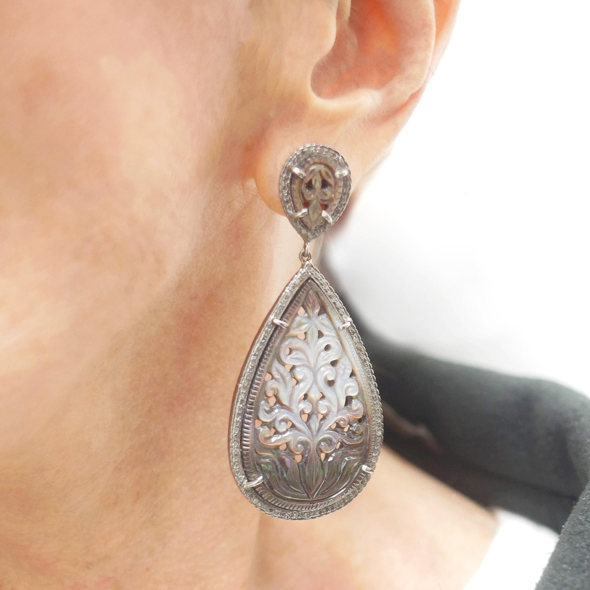 84 Carats Carved Iridescent Mother of Pearl with Pave Diamond Earrings In New Condition For Sale In Laguna Beach, CA