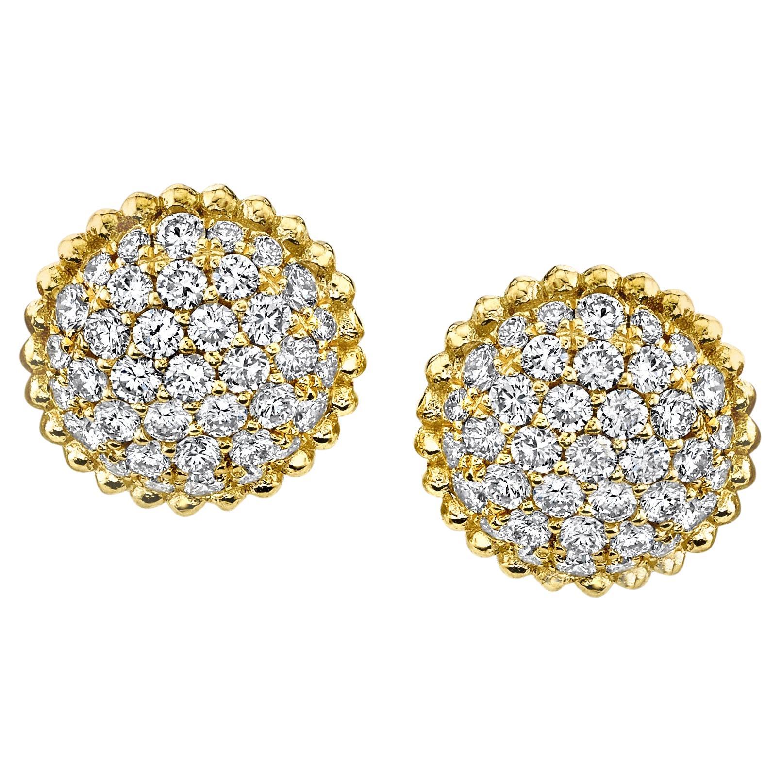 Diamond Pave Domed Earrings in 18K Yellow Gold, .84 Carat Total For Sale