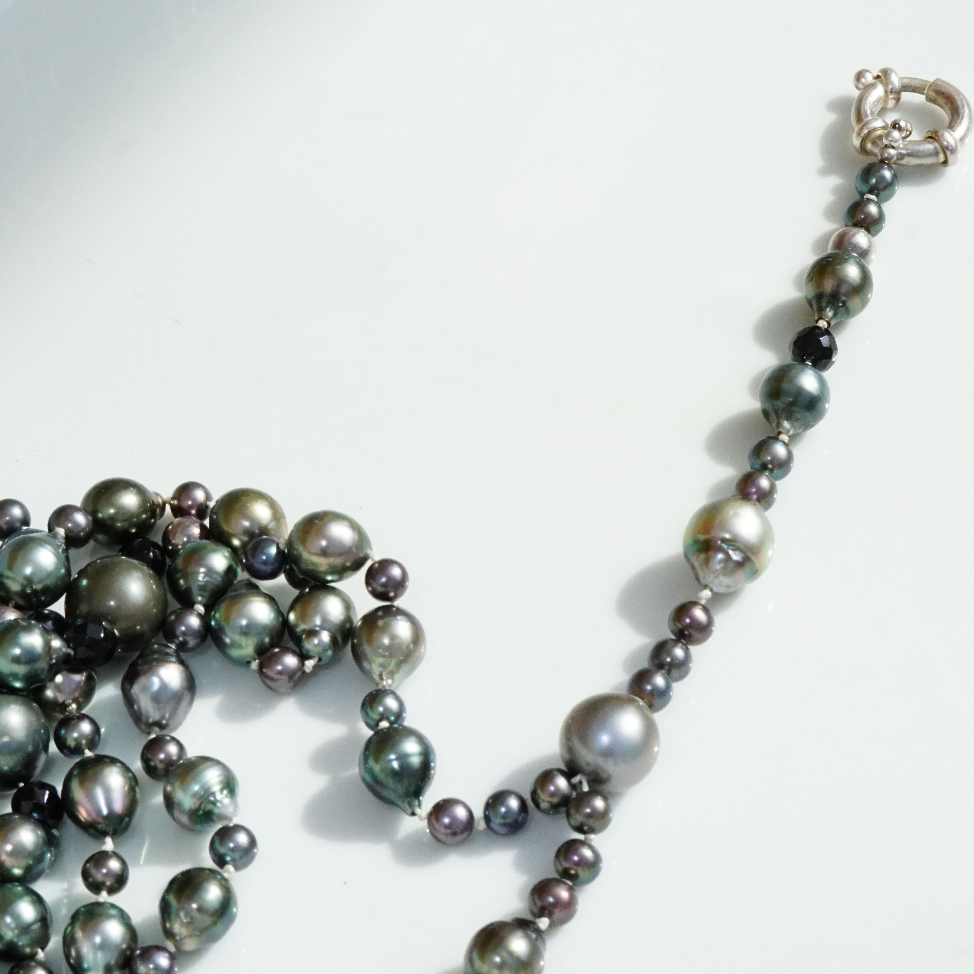 Phenomenal chain (rosary or y-style) to wear long with pendant possible, with 925 sterling silver spring ring, with drop-shaped Tahitian cultured pearls, small black cultured pearls, 925 silver balls, faceted onyx balls, approx. 84 cm long plus 12