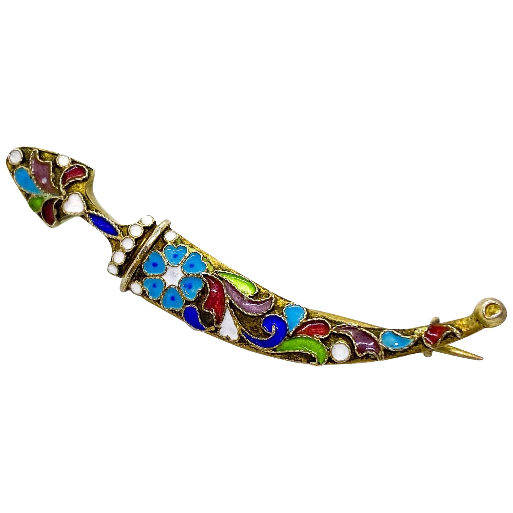 84 Gilt Silver Enamel Decoration Russia Saber Brooch For Sale