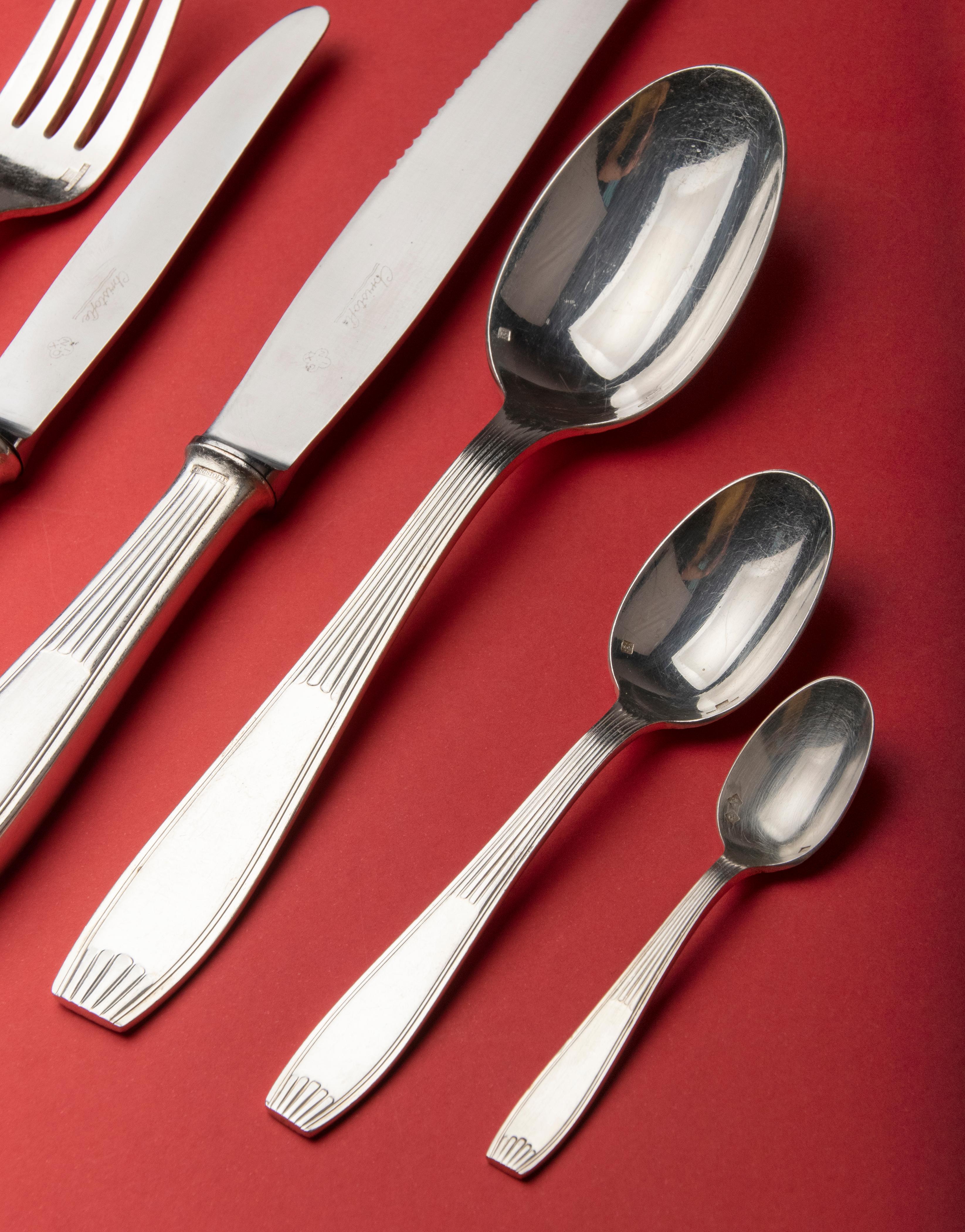 84-Piece set of Silver Plated Art Deco Flatware by Christofle Model Saigon 1