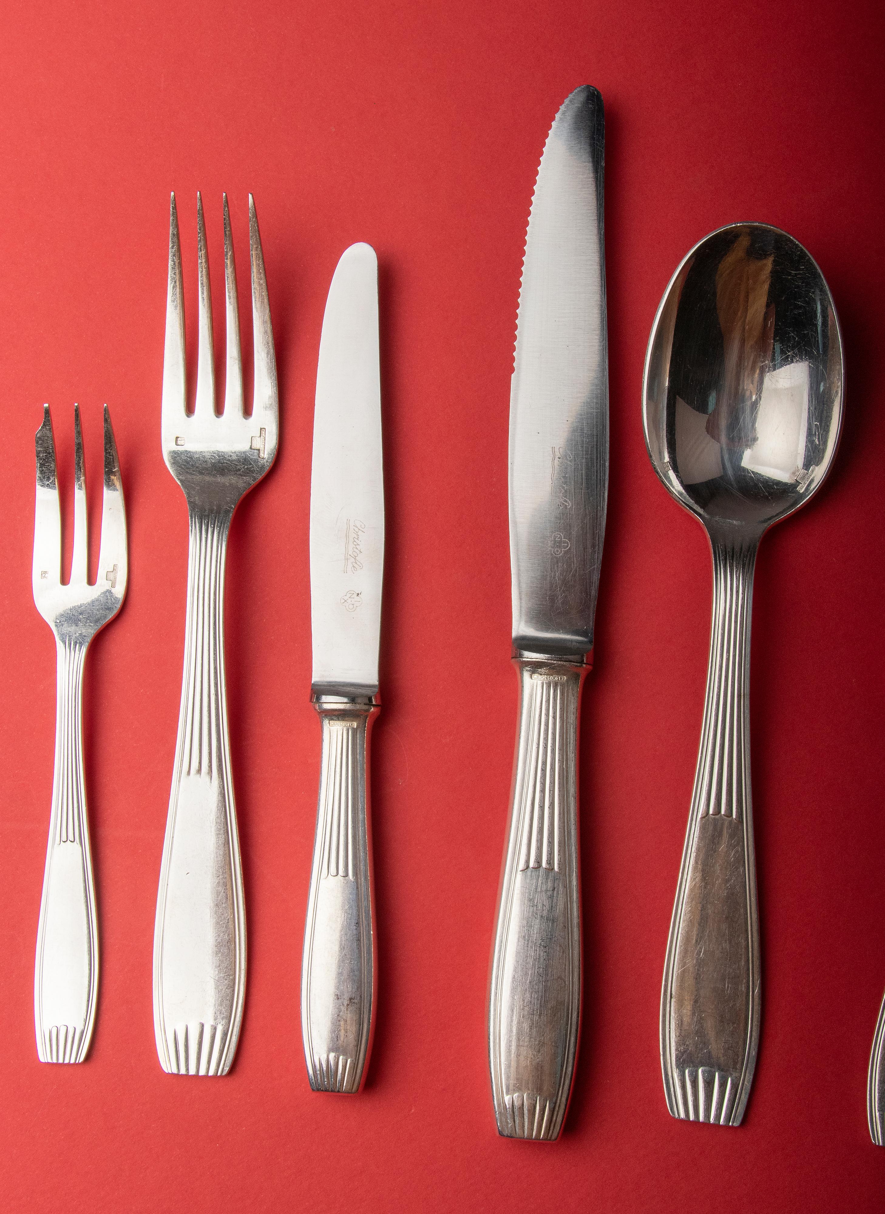 84-Piece set of Silver Plated Art Deco Flatware by Christofle Model Saigon 3