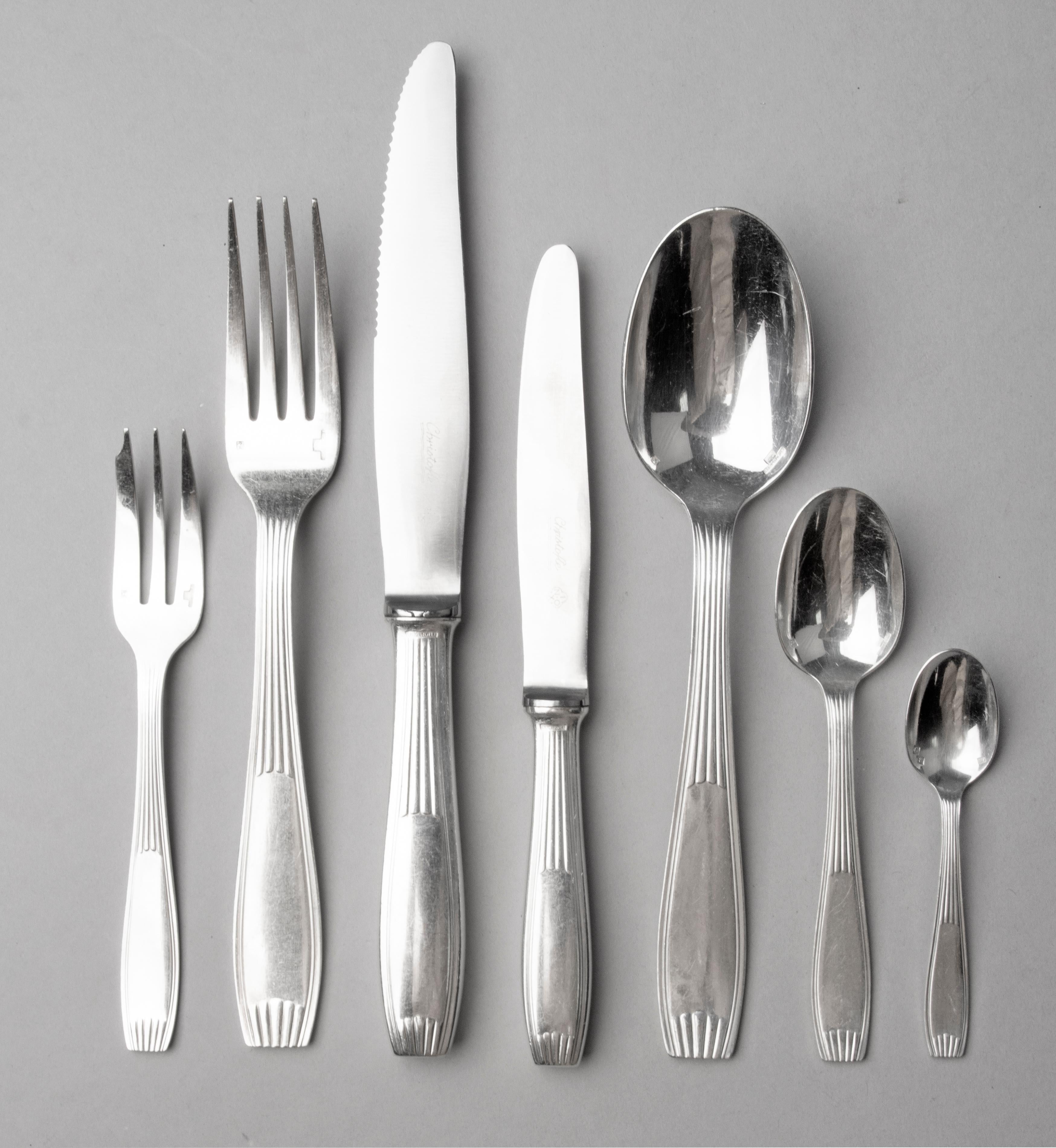 Hand-Crafted 84-Piece set of Silver Plated Art Deco Flatware by Christofle Model Saigon