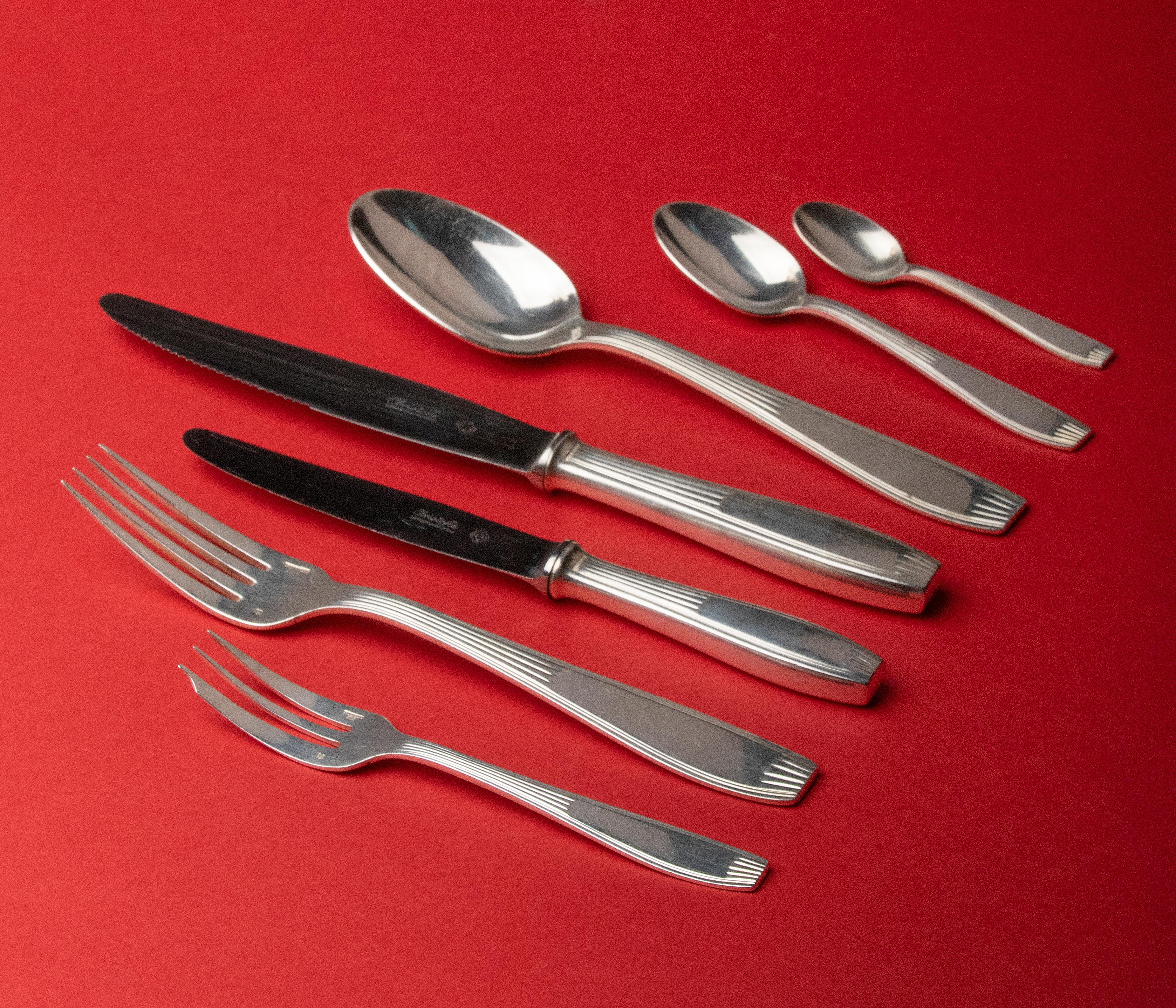 Early 20th Century 84-Piece set of Silver Plated Art Deco Flatware by Christofle Model Saigon