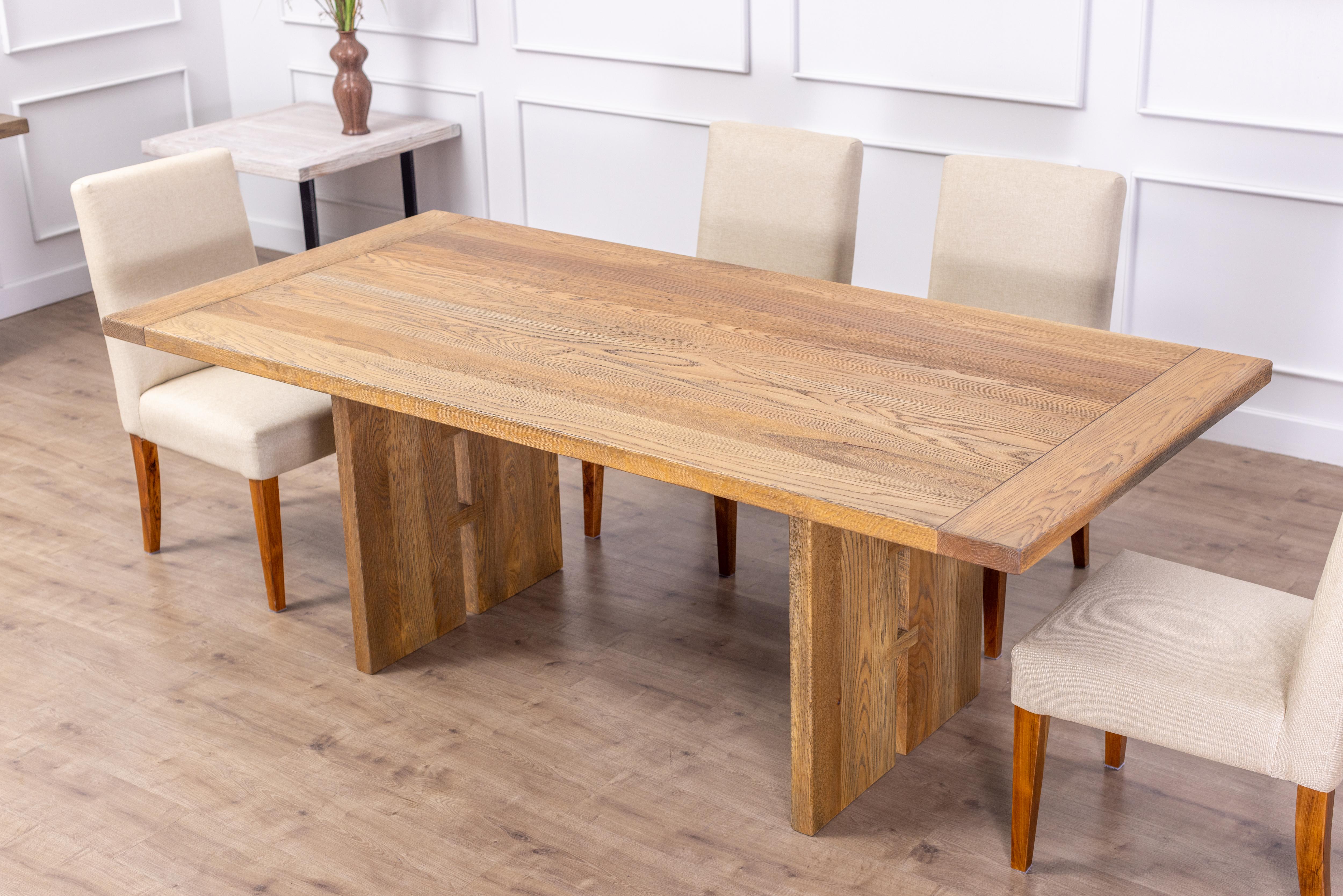 Solid Oak Dining Table with Wood Legs in a Sandblasted Autumn Stain In New Condition For Sale In Boulder, CO