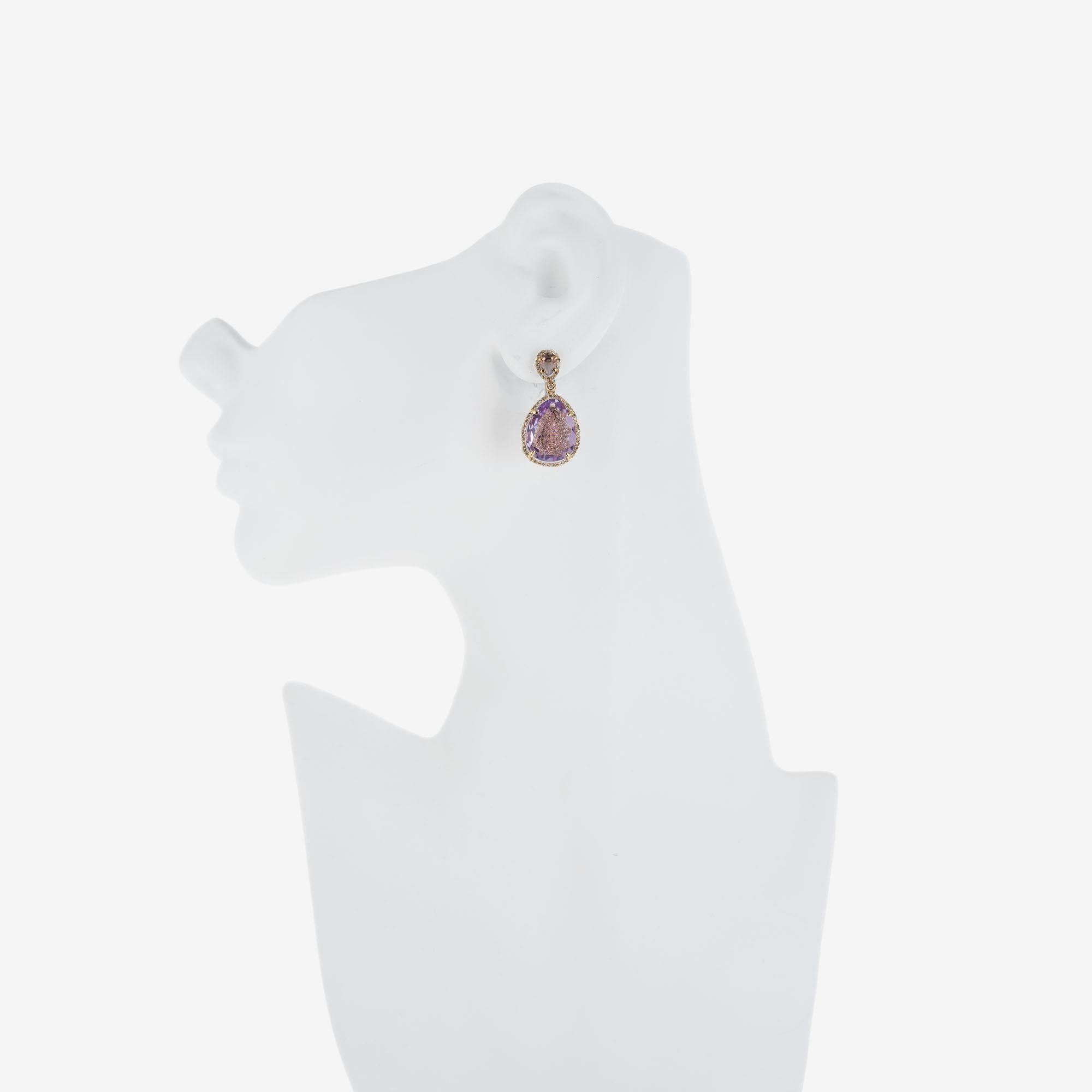 Pear Cut 8.40 Carat Amethyst Diamond Rose Gold Dangle Earrings For Sale