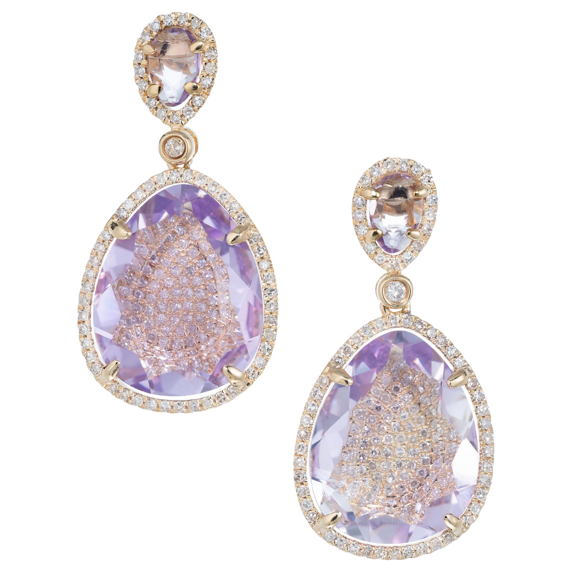 8.40 Carat Amethyst Diamond Rose Gold Dangle Earrings For Sale