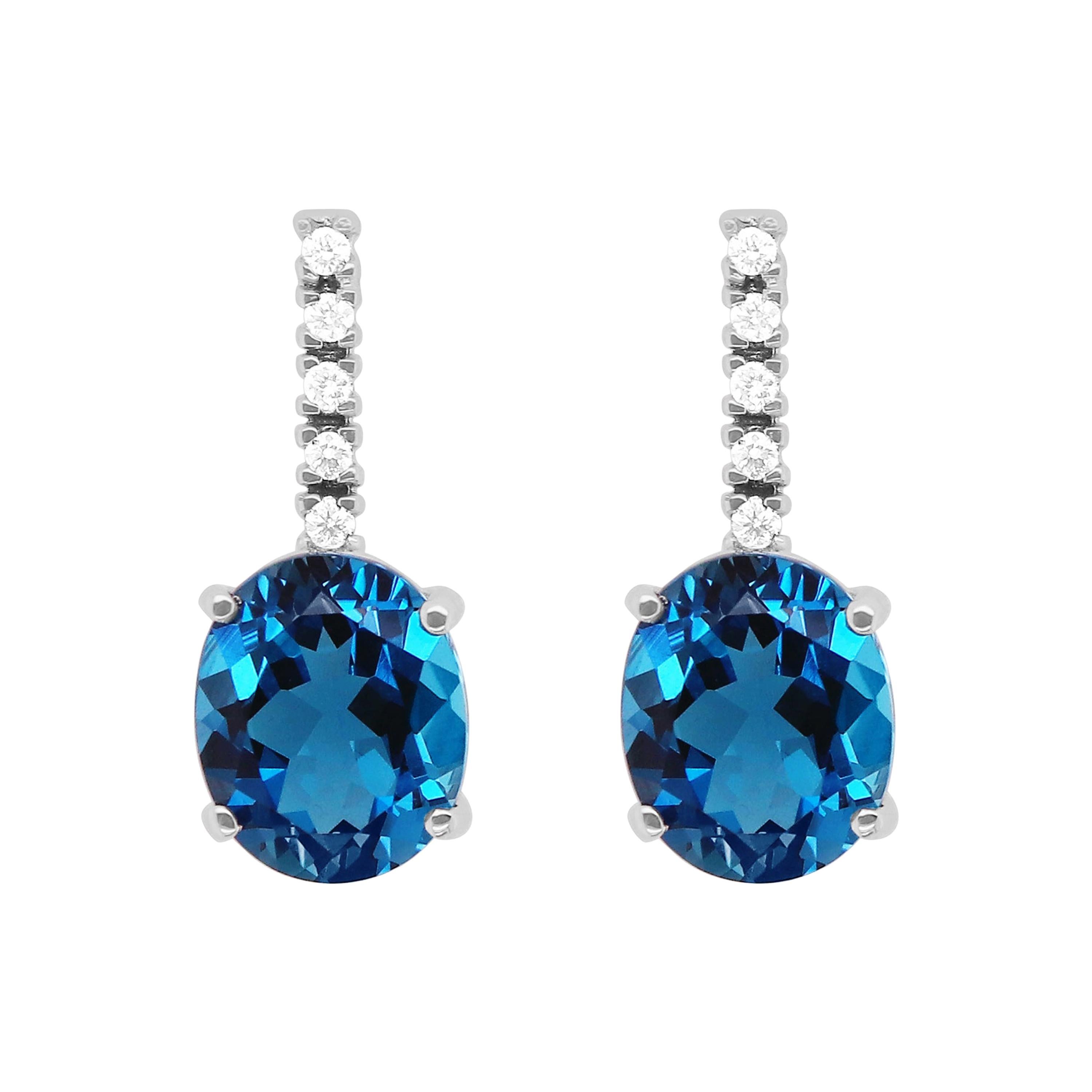 8.40 Carat Oval Blue Topaz and White Diamond Dangle Drop Earrings 14K Gold