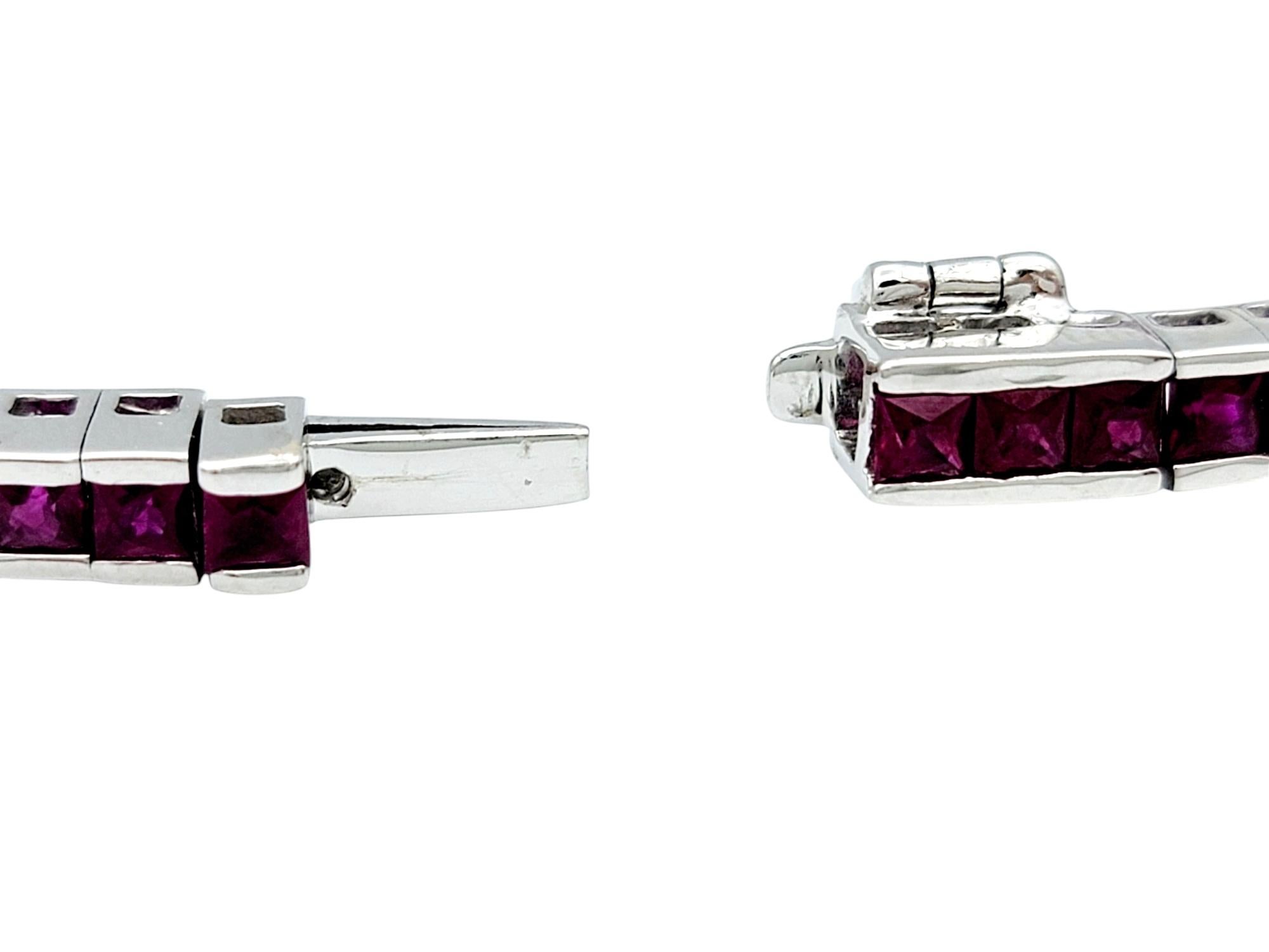 8.40 Carat Channel Set Square Cut Ruby Tennis Bracelet in 14 Karat White Gold In Good Condition For Sale In Scottsdale, AZ