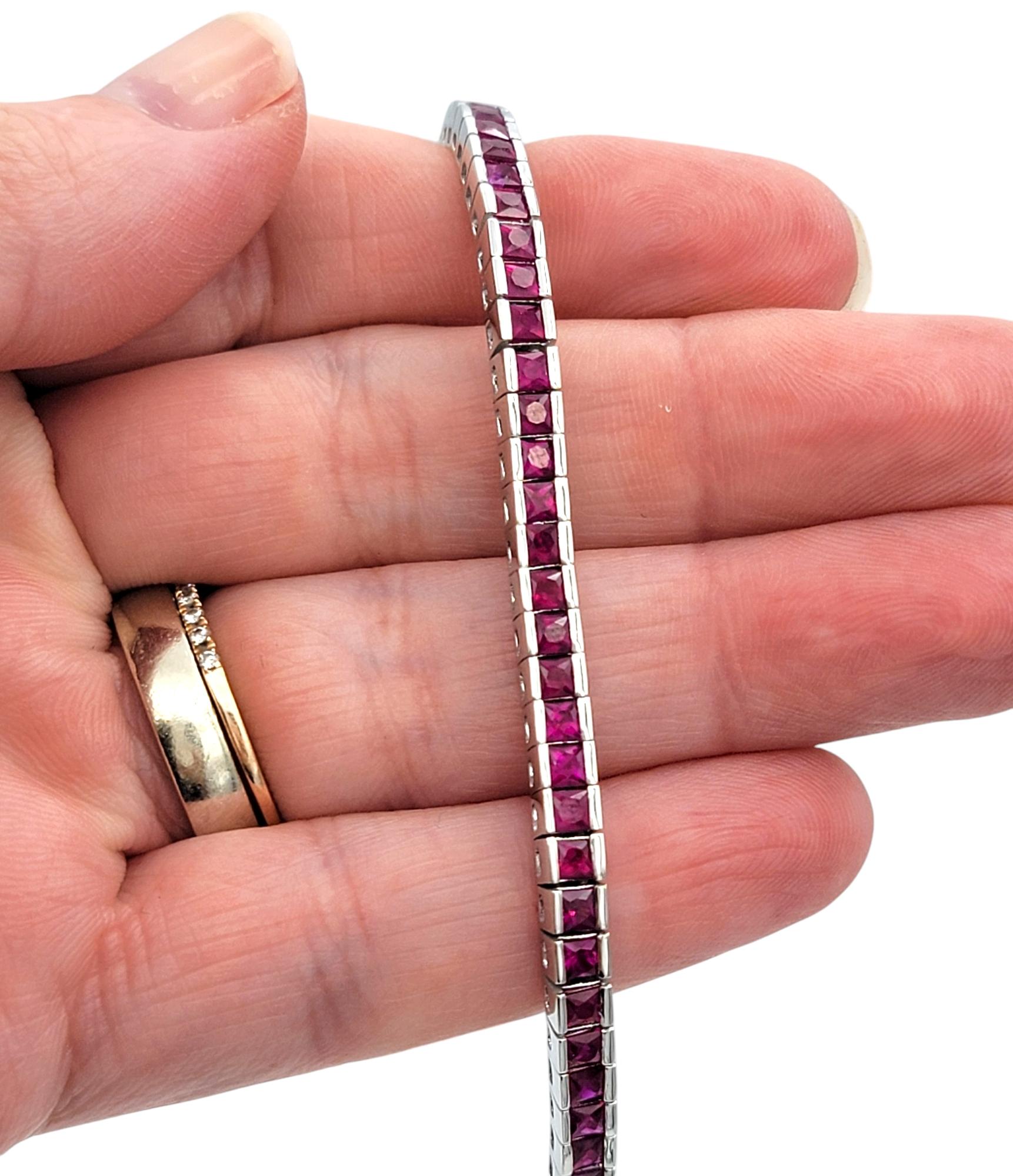 8.40 Carat Channel Set Square Cut Ruby Tennis Bracelet in 14 Karat White Gold For Sale 2