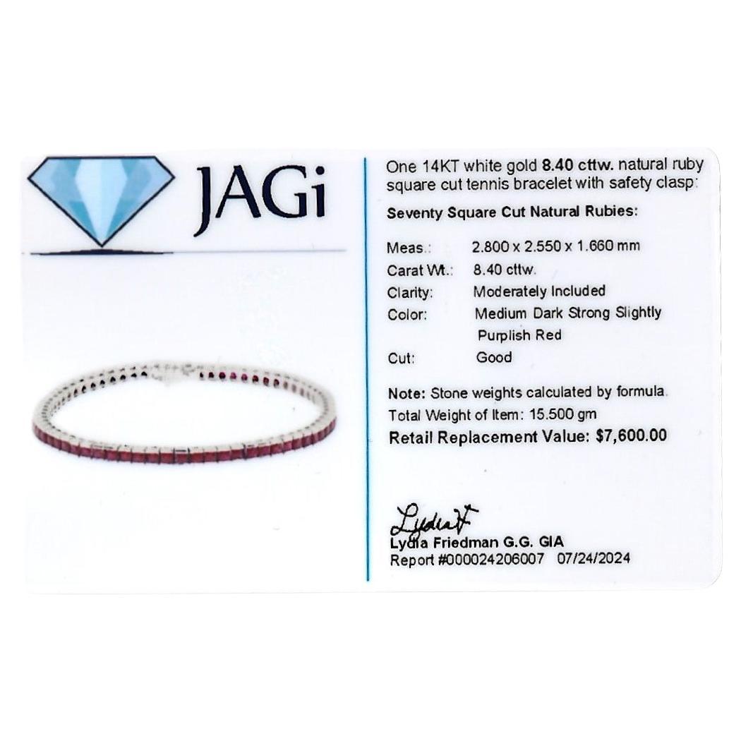 8.40 Carat Channel Set Square Cut Ruby Tennis Bracelet in 14 Karat White Gold For Sale 4