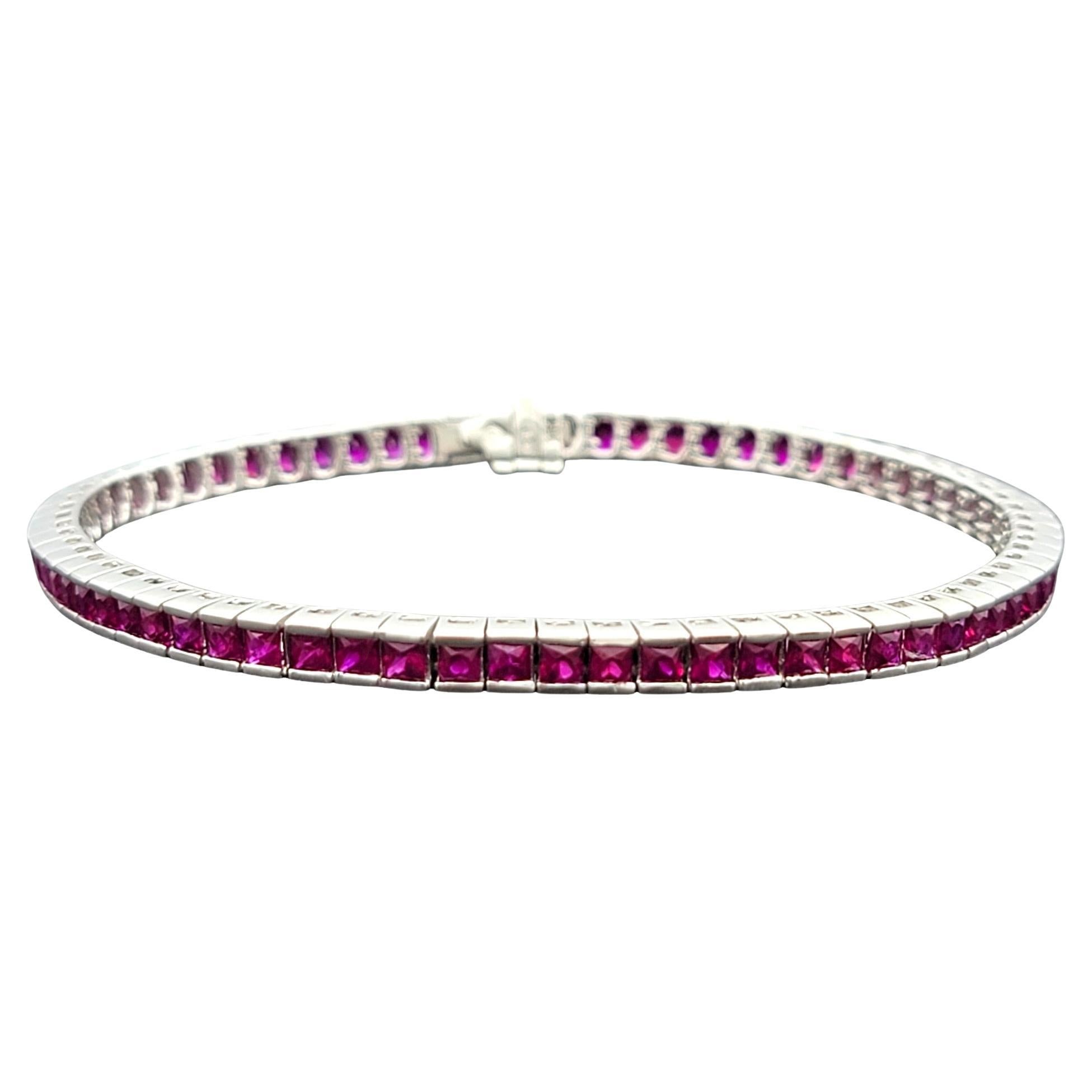 8.40 Carat Channel Set Square Cut Ruby Tennis Bracelet in 14 Karat White Gold
