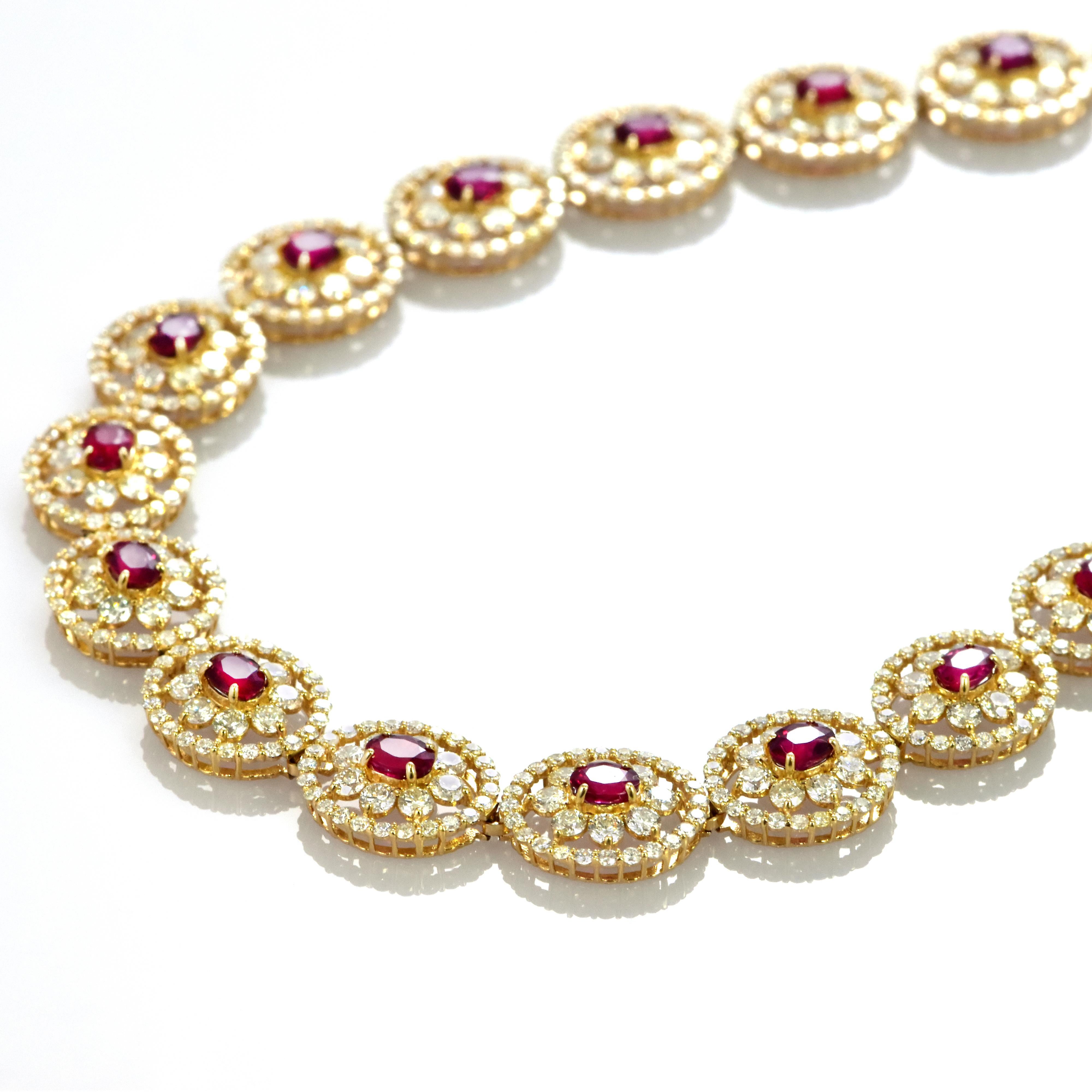 A beautiful necklace set in platinum featuring a total of 8.40 Carats of untreated Rubies and 14.85 Carat Diamonds. Rubies are referred to as 