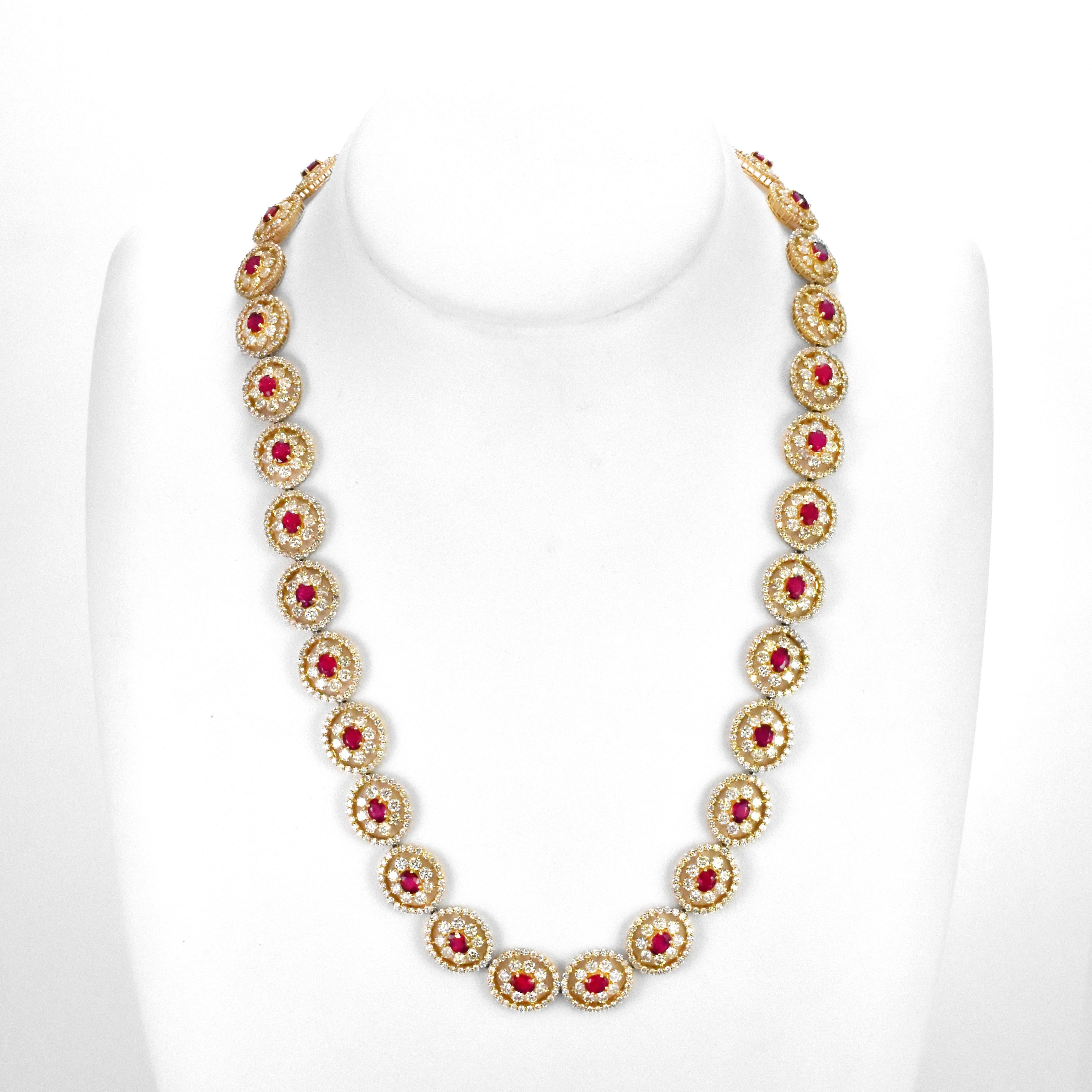 Modern 8.40 Carat Natural Unheated Rubies and Diamonds Tennis Necklace Made in 18K Gold For Sale