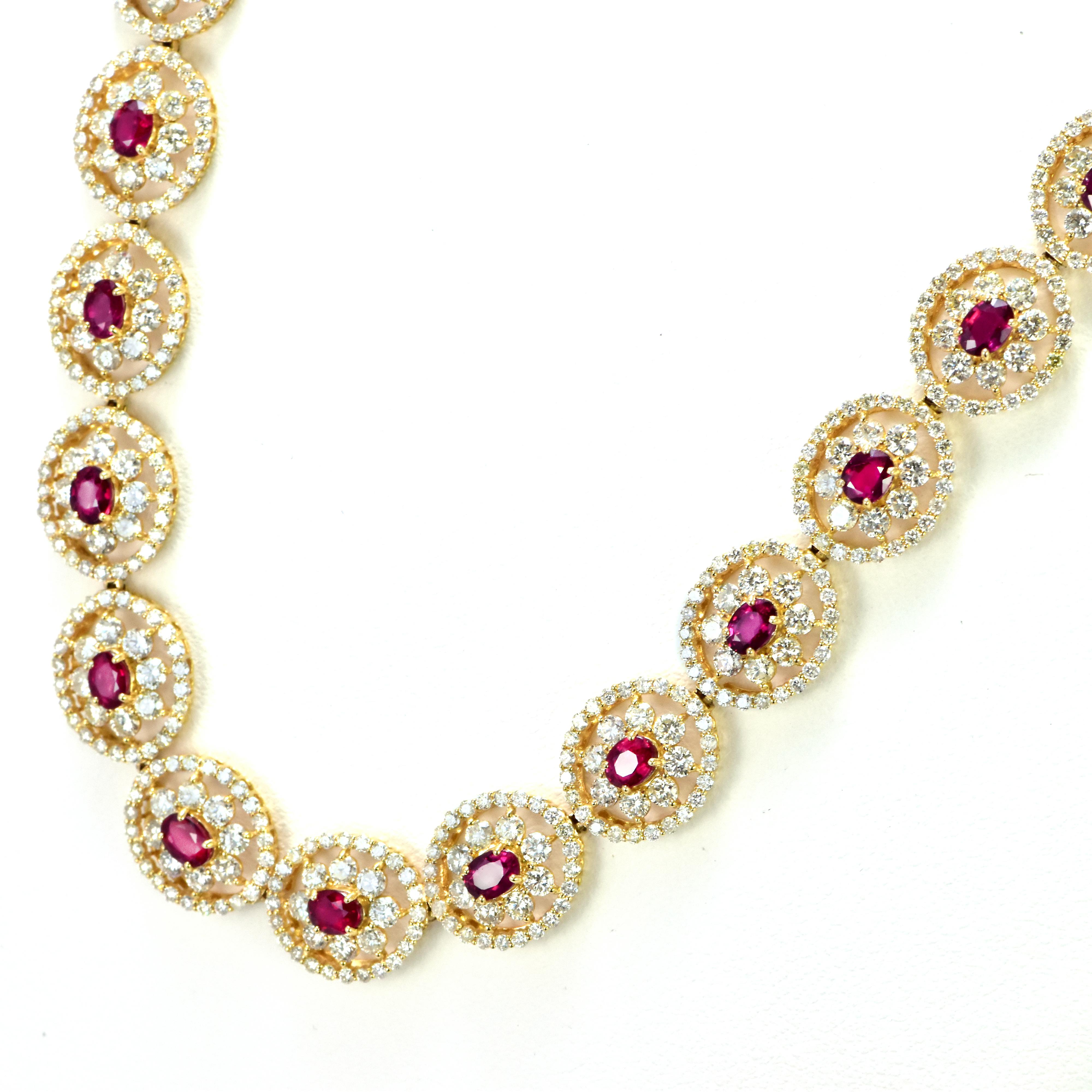 Oval Cut 8.40 Carat Natural Unheated Rubies and Diamonds Tennis Necklace Made in 18K Gold For Sale