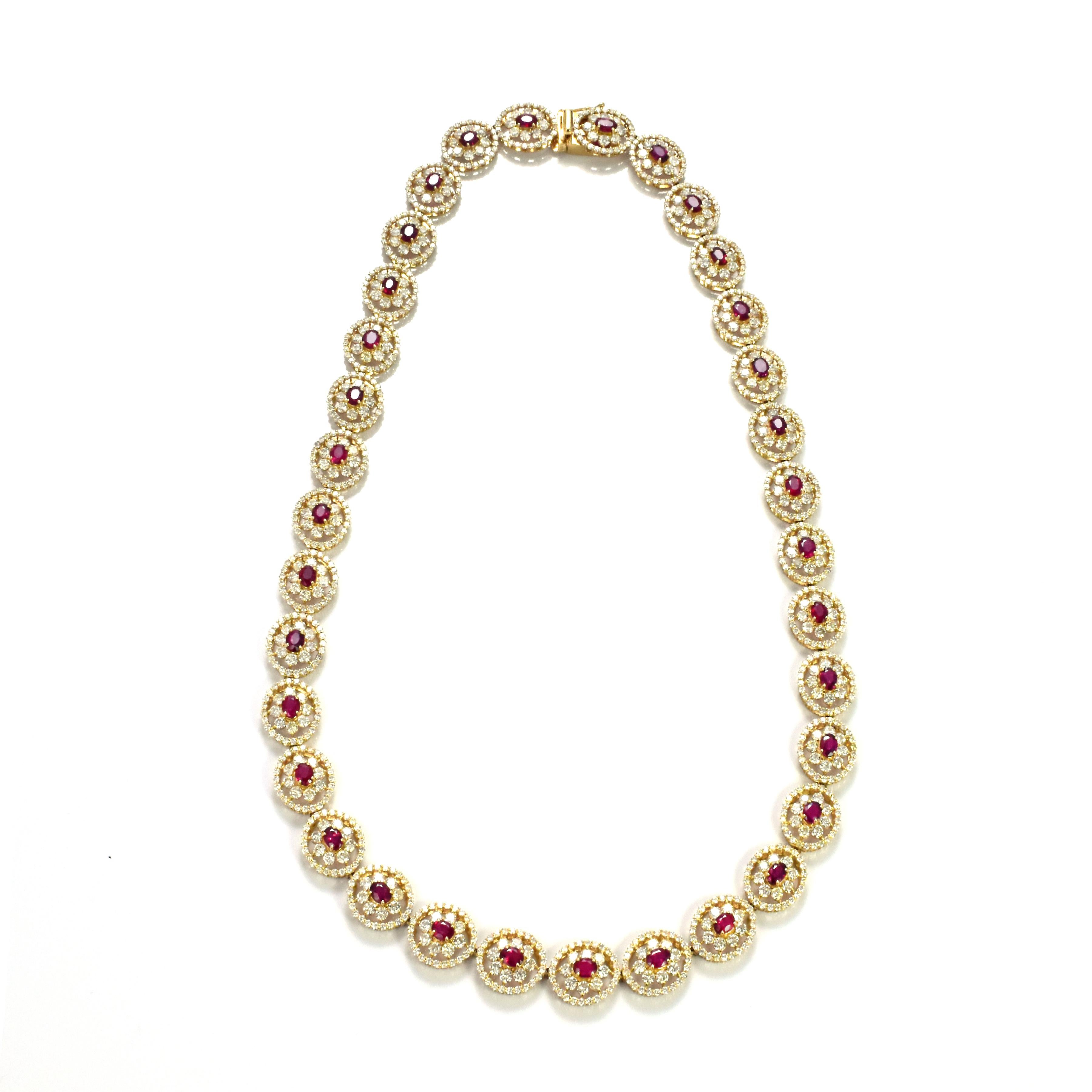 Women's 8.40 Carat Natural Unheated Rubies and Diamonds Tennis Necklace Made in 18K Gold For Sale