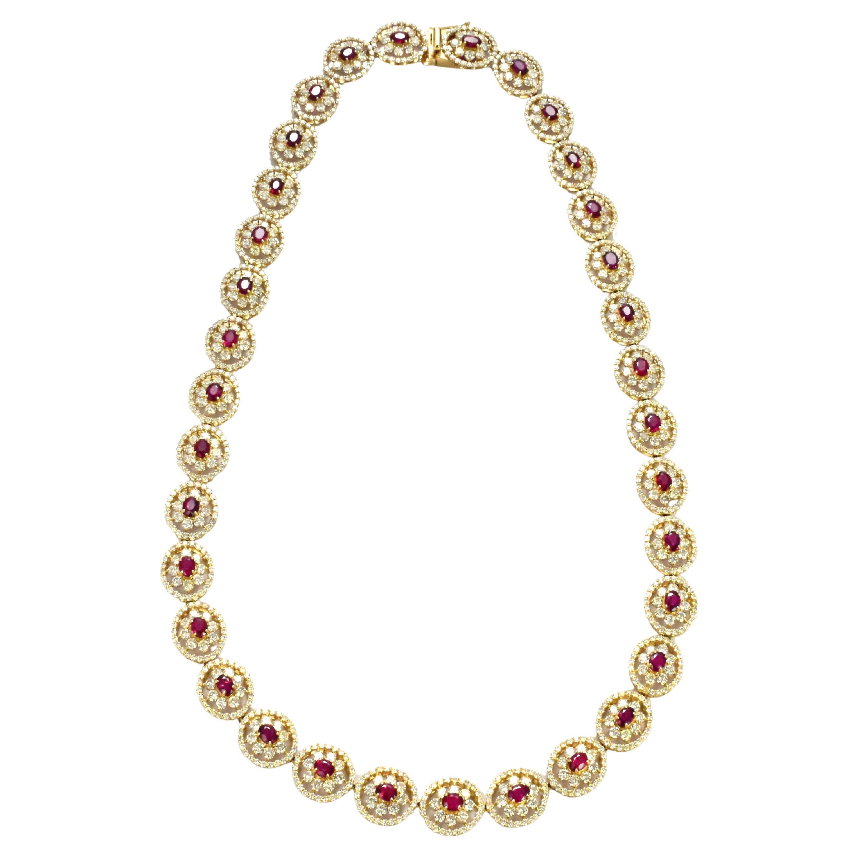 8.40 Carat Natural Unheated Rubies and Diamonds Tennis Necklace Made in 18K Gold