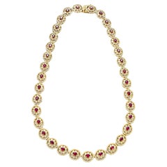 8.40 Carat Natural Unheated Rubies and Diamonds Tennis Necklace Made in 18K Gold