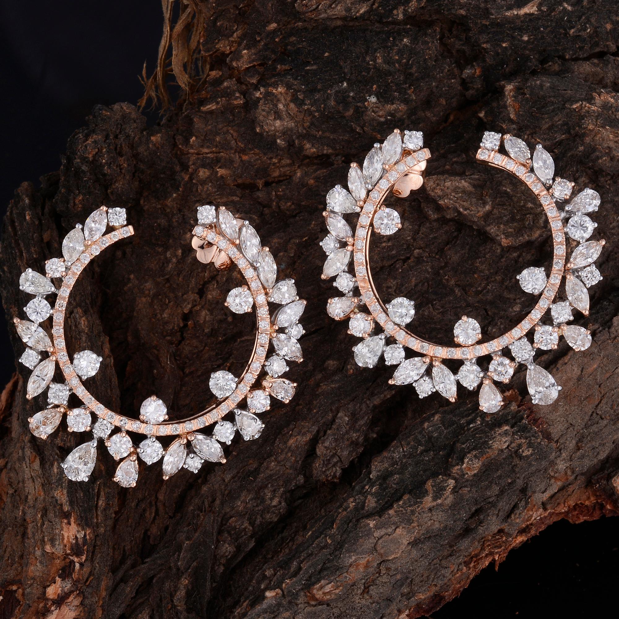 Pear Cut 8.40 Carat Pear Round Diamond Hoop Earrings 18 Karat White & Rose Gold Jewelry For Sale