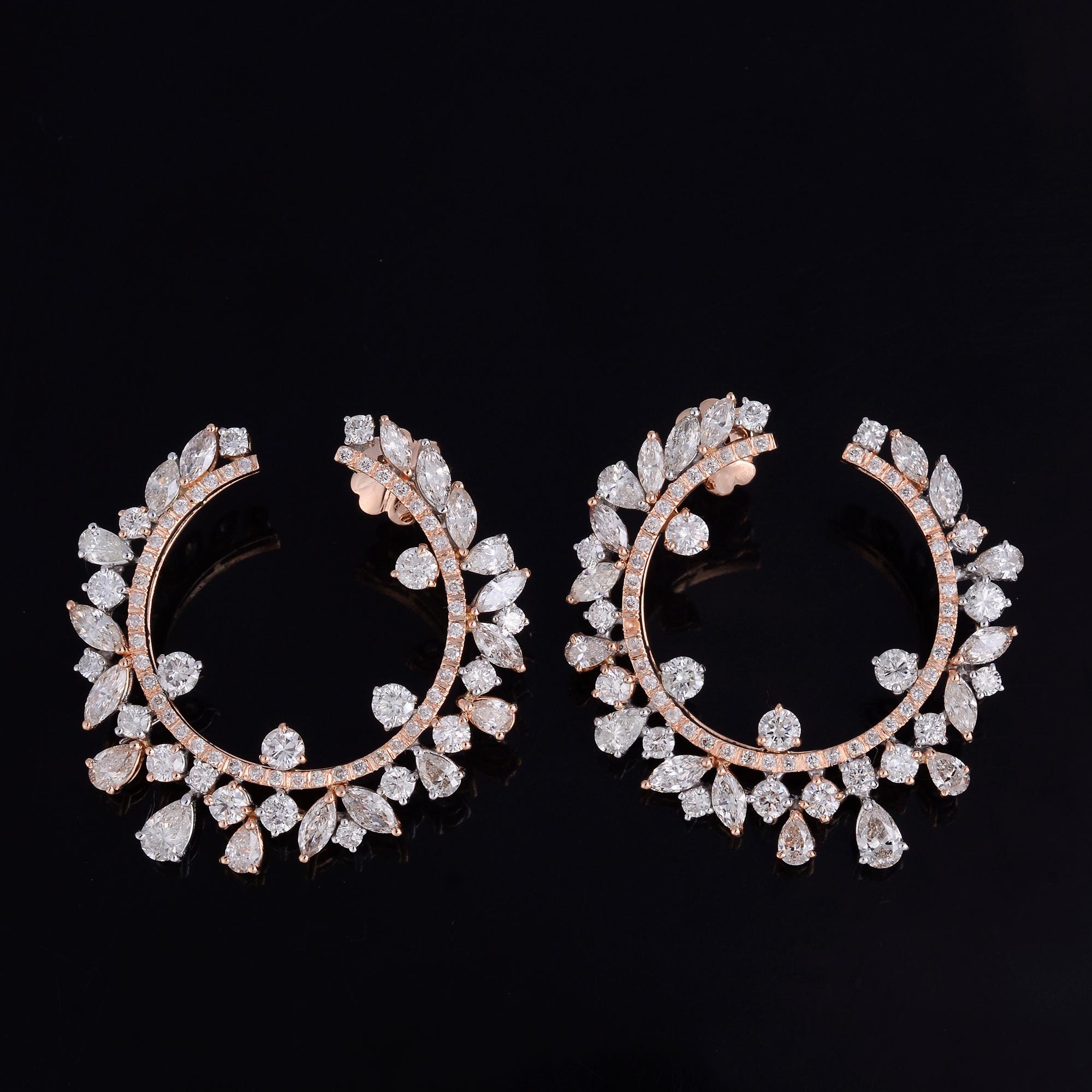 Women's 8.40 Carat Pear Round Diamond Hoop Earrings 18 Karat White & Rose Gold Jewelry For Sale