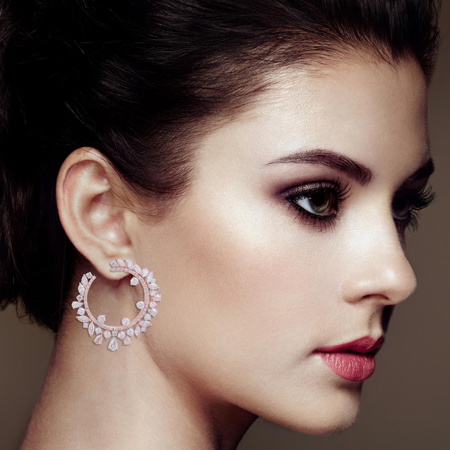 8.40 Carat Pear Round Diamond Hoop Earrings 18 Karat White & Rose Gold Jewelry For Sale 2