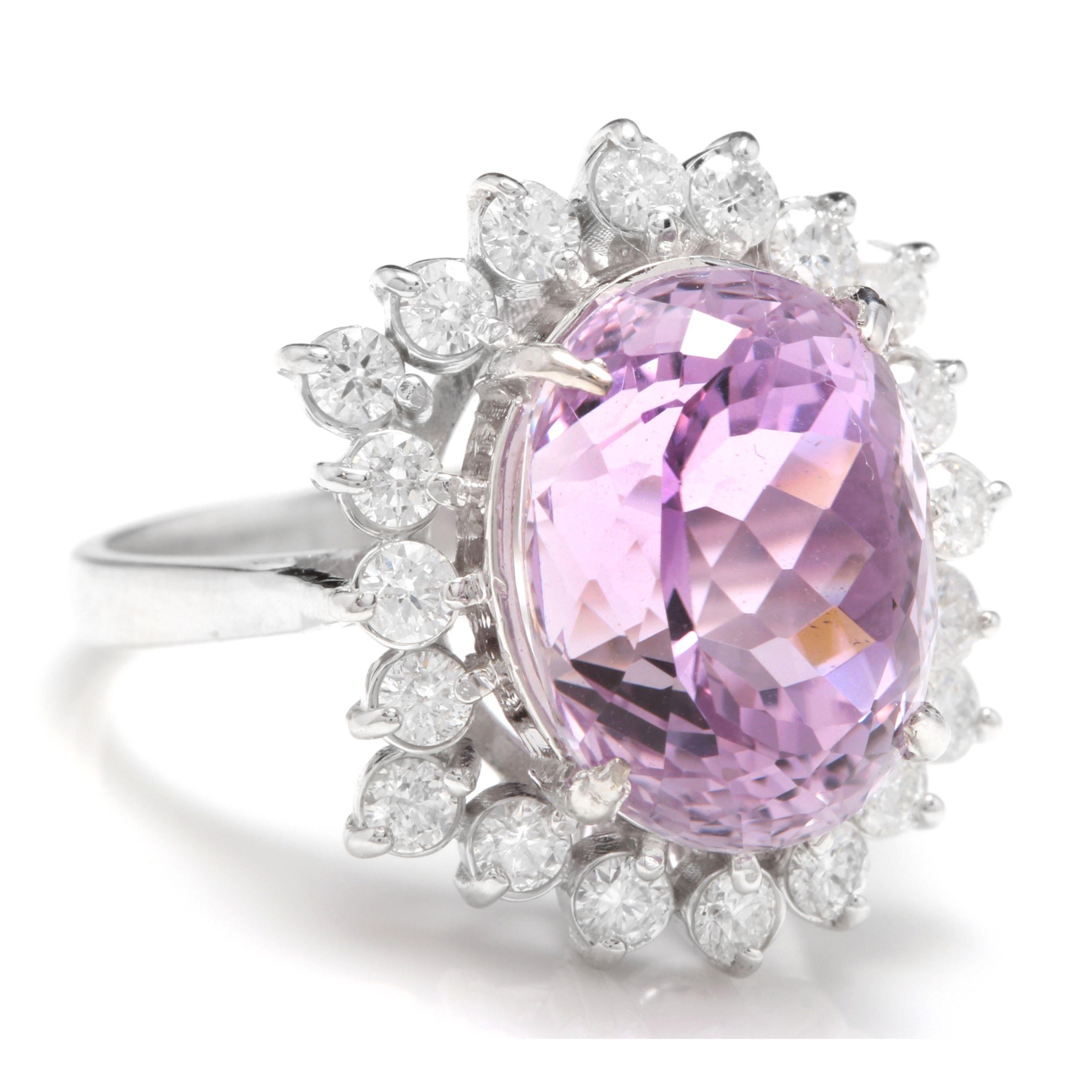 8.40 Carats Natural Kunzite and Diamond 14K Solid White Gold Ring

Total Natural Oval Cut Kunzite Weights: 7.50 Carats

Kunzite Measures: Approx. 13.00 x 10.00mm

Natural Round Diamonds Weight: 0.90 Carats (color G-H / Clarity SI1-SI2)

Ring size: 6