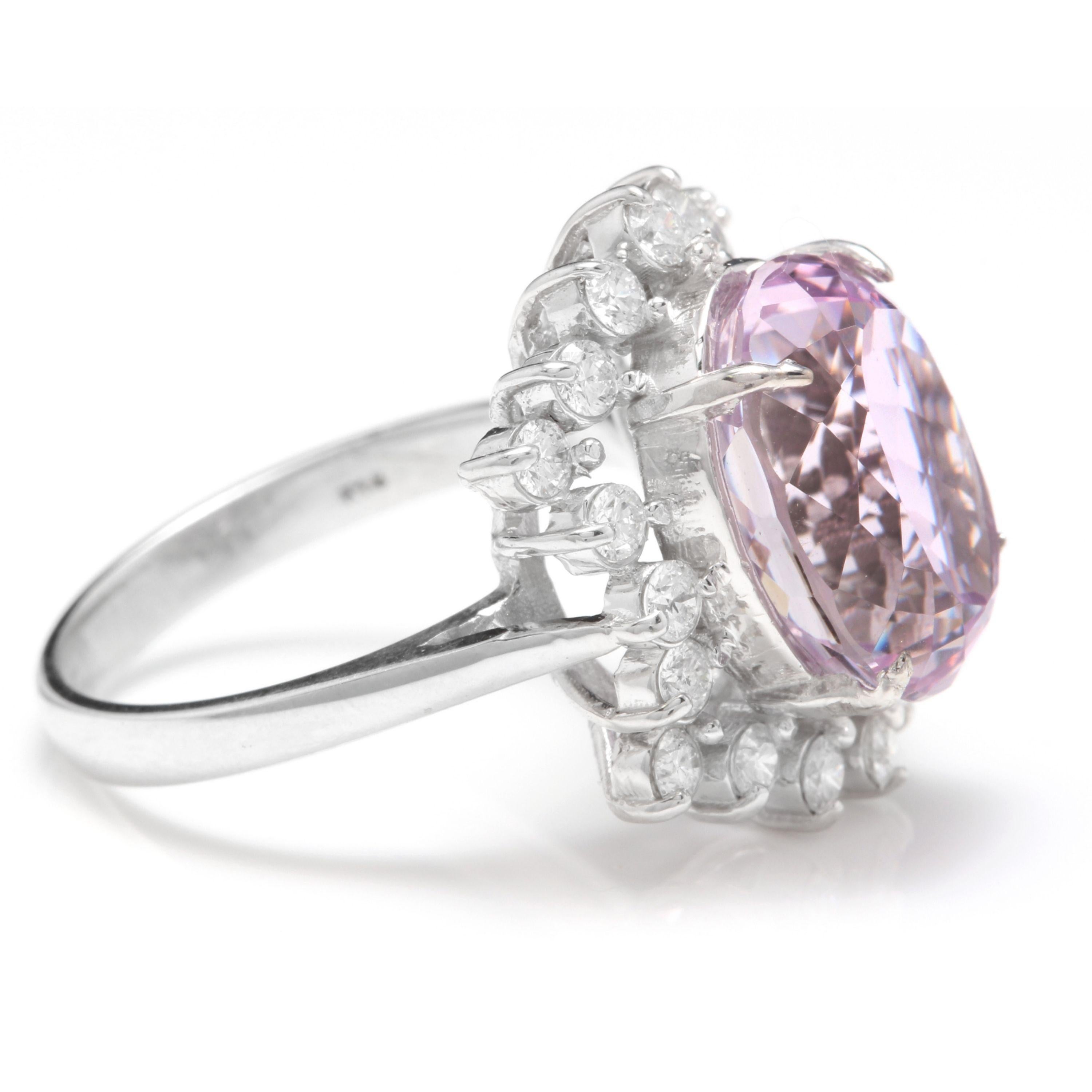 Mixed Cut 8.40 Carat Natural Kunzite and Diamond 14 Karat Solid White Gold Ring For Sale