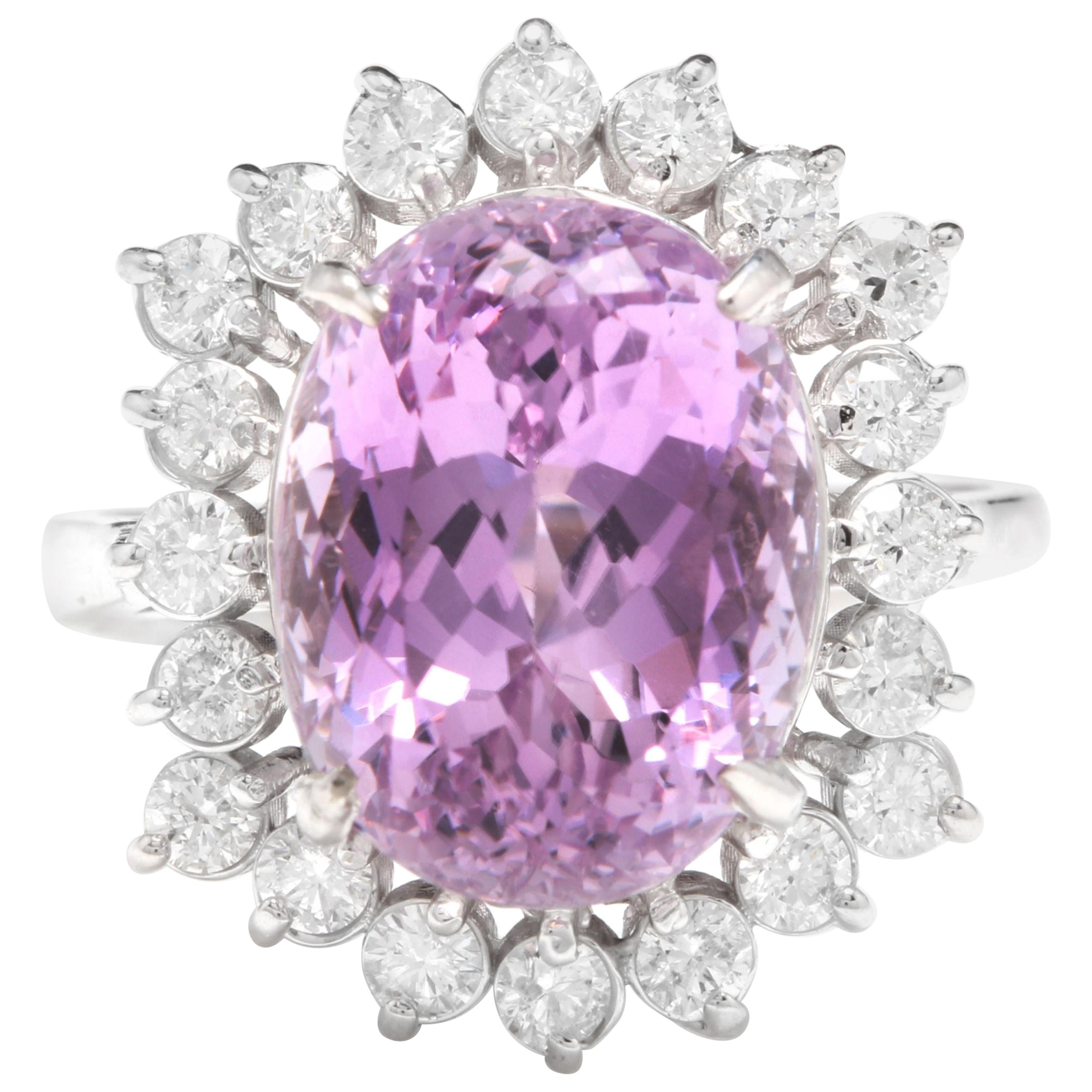 8.40 Carat Natural Kunzite and Diamond 14 Karat Solid White Gold Ring For Sale
