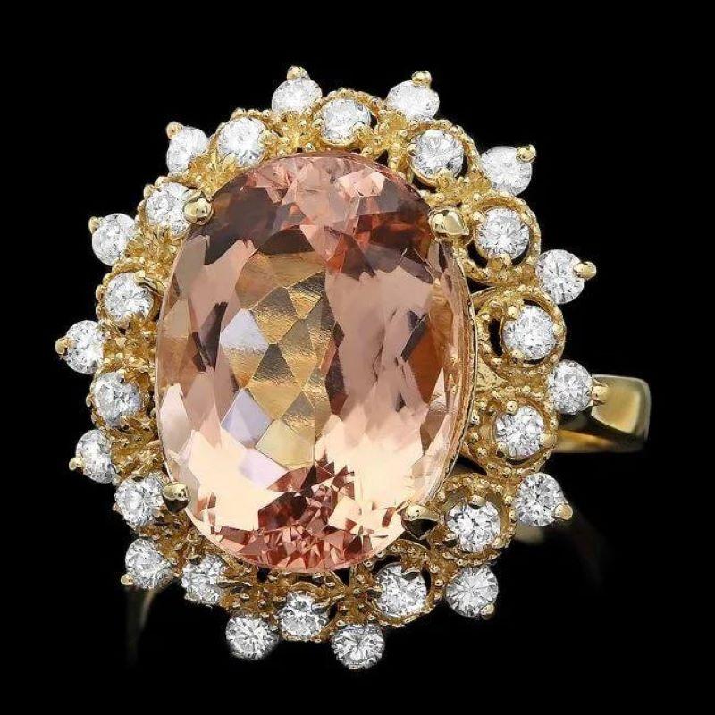 Taille mixte Bague en or jaune massif 14 carats avec diamants et morganite naturelle de 8,40 carats en vente