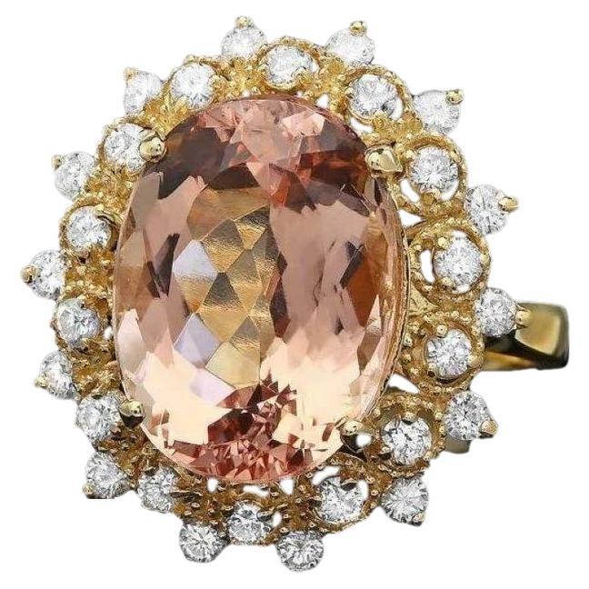 8.40 Carats Natural Morganite and Diamond 14K Solid Yellow Gold Ring