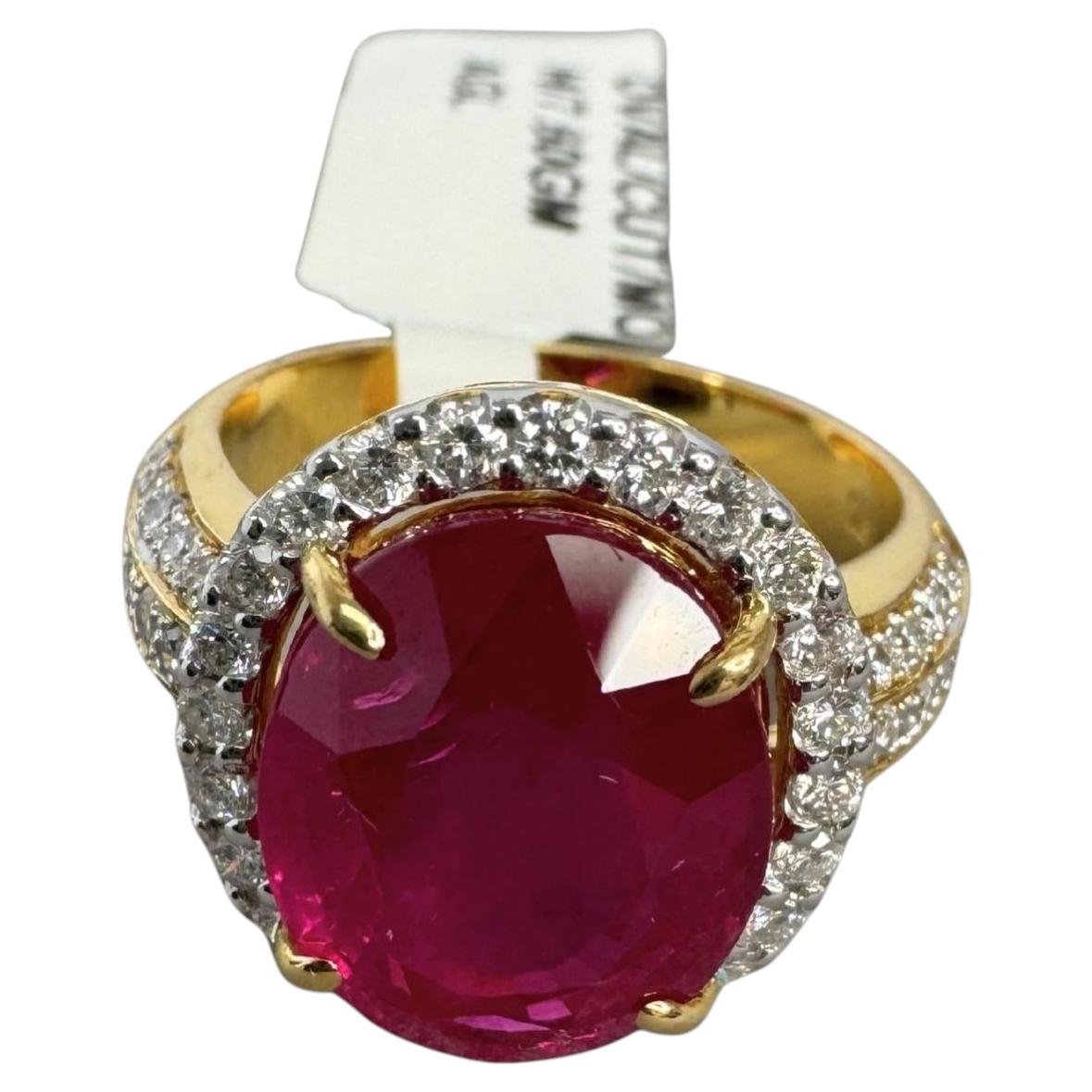 8.40 ctw Mozambique Ruby & Diamond Halo 18K Yellow Gold Ring For Sale