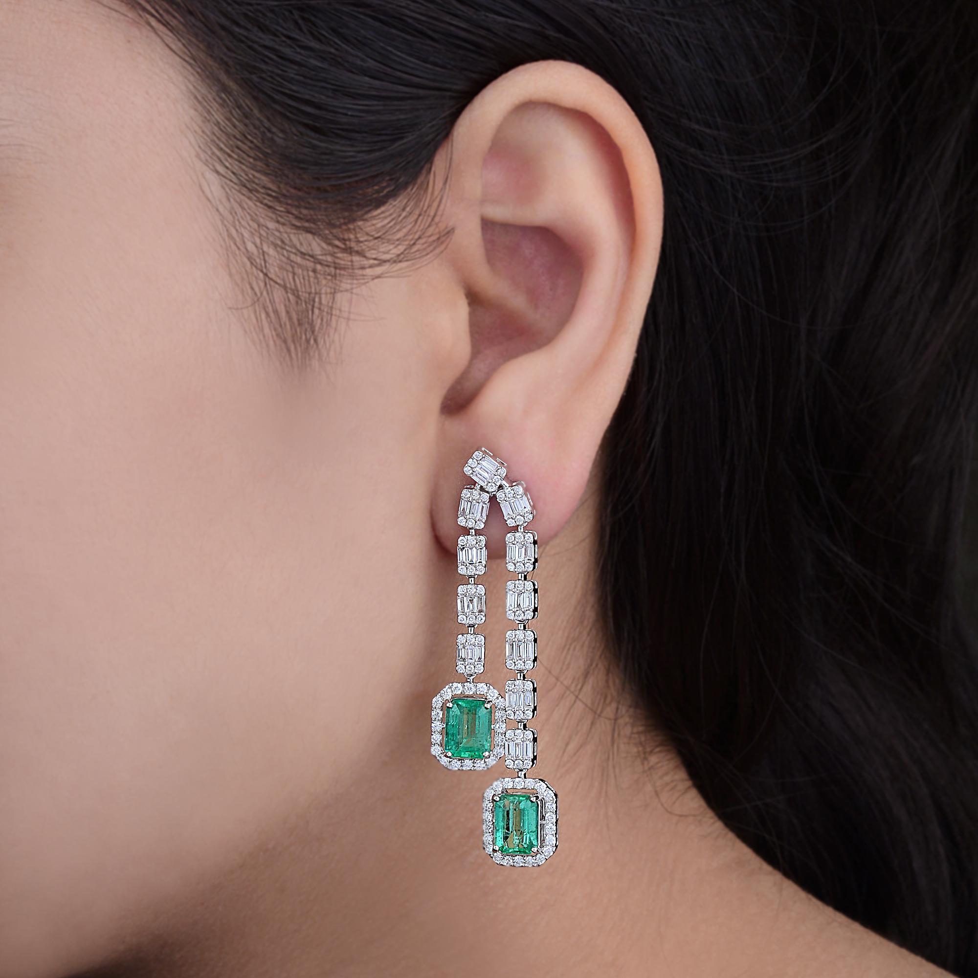 Emerald Cut 8.40 TCW Emerald Gemstone HI/SI Diamond Dangle Earrings 18k White Gold Jewelry For Sale