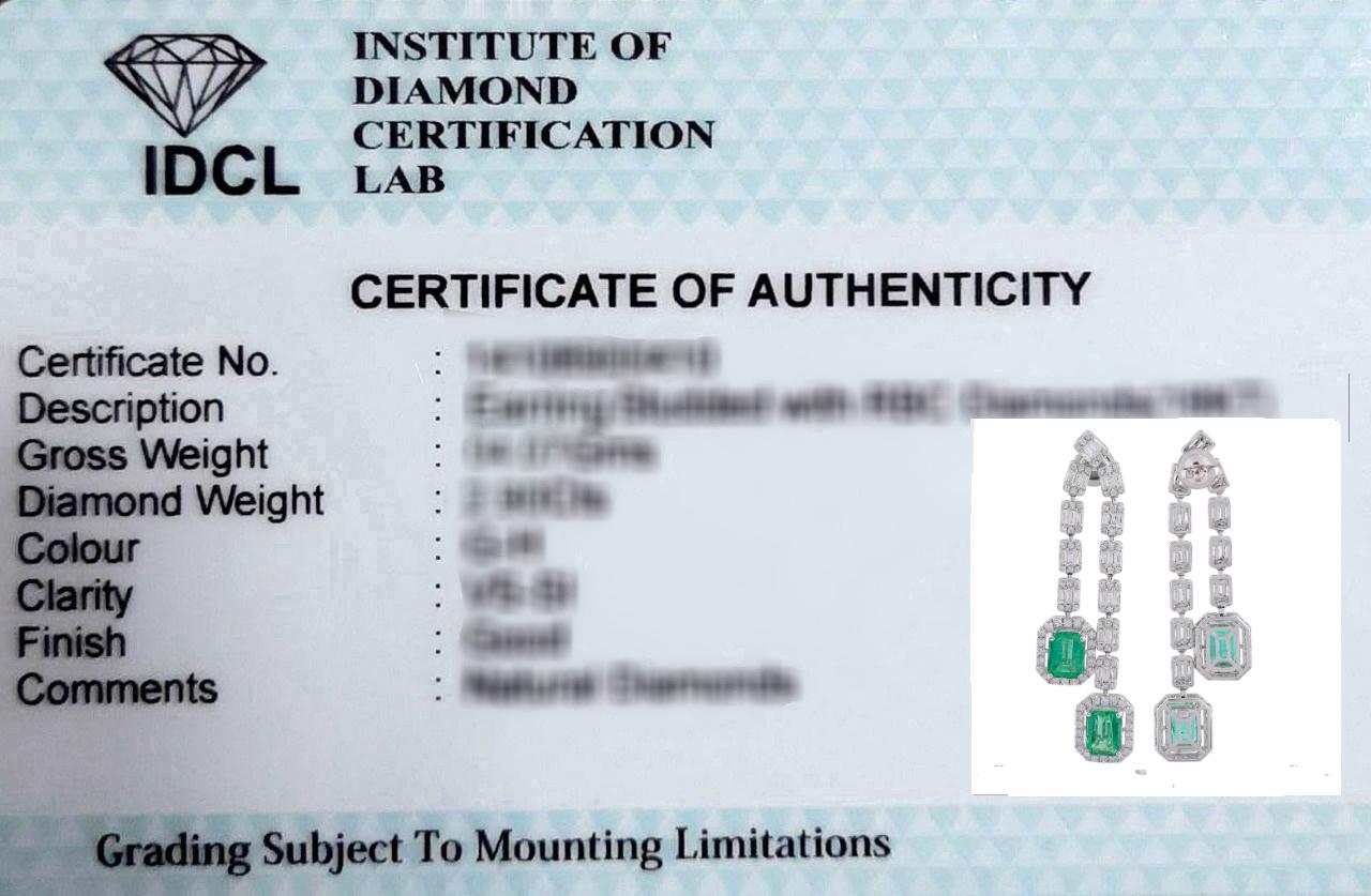 8.40 TCW Emerald Gemstone HI/SI Diamond Dangle Earrings 18k White Gold Jewelry For Sale 1