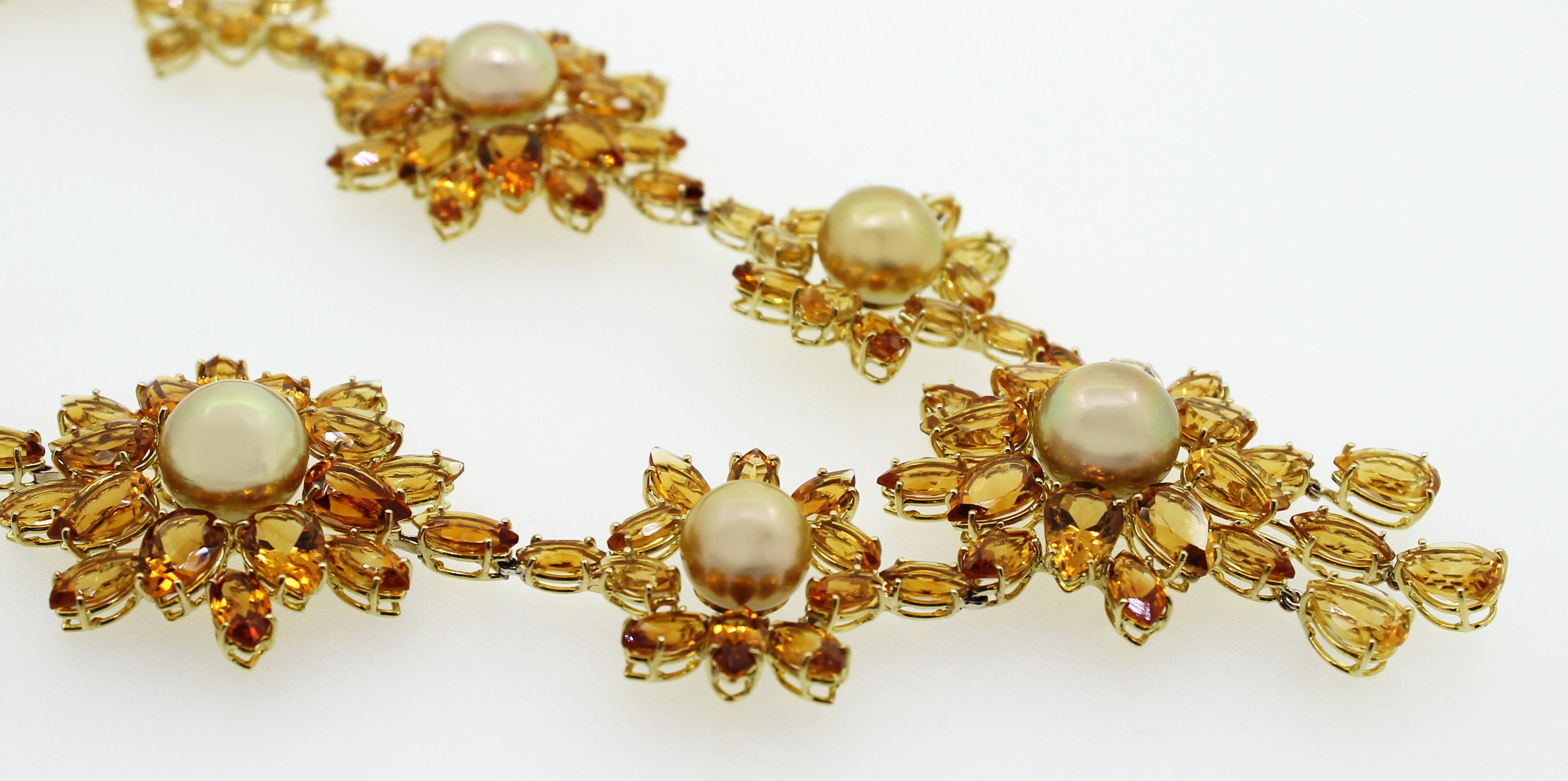 Marquise Cut 84.00 Carat Natural Color Golden Pearl and Deep Yellow Citrine Beaded Necklace For Sale