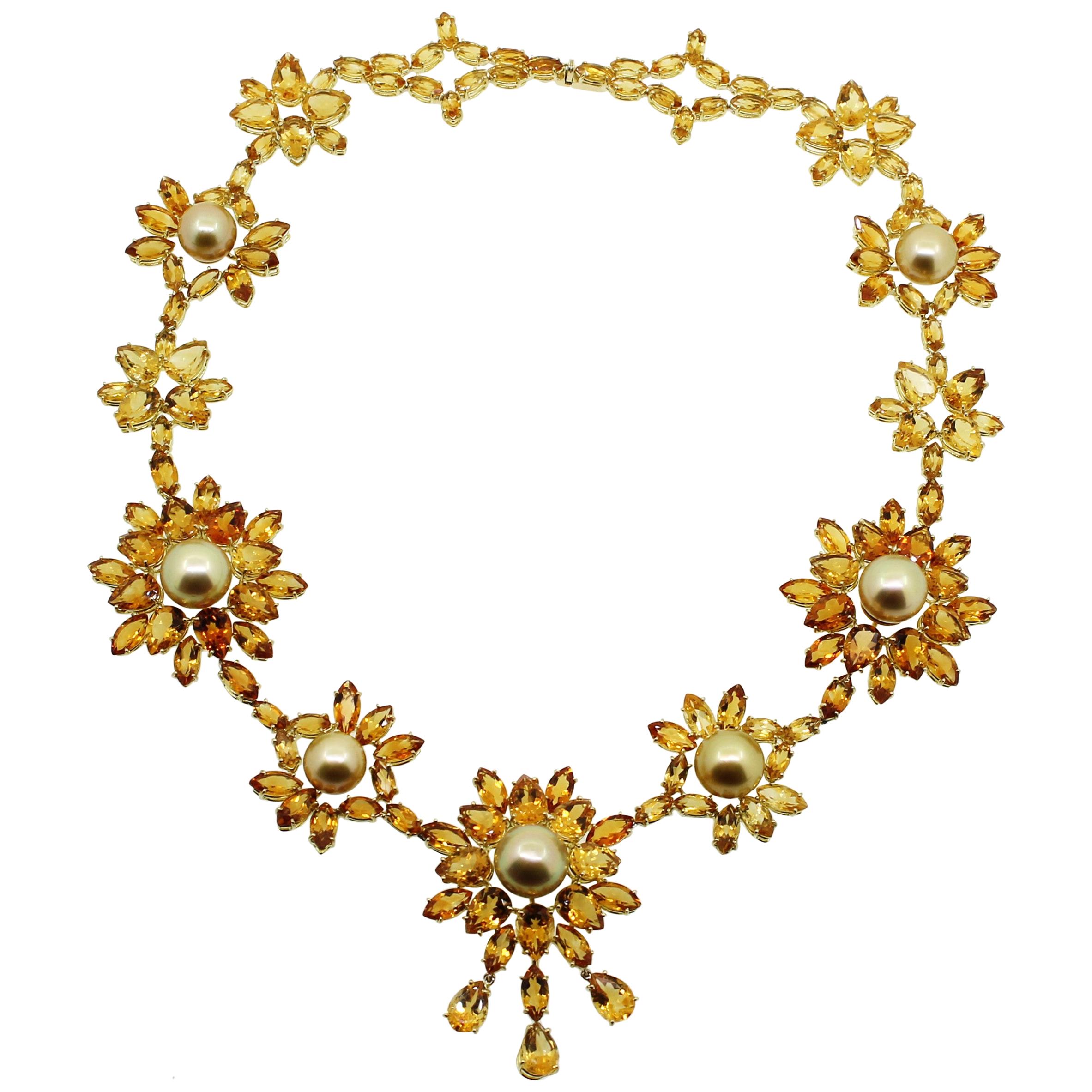 84.00 Carat Natural Color Golden Pearl and Deep Yellow Citrine Beaded Necklace For Sale