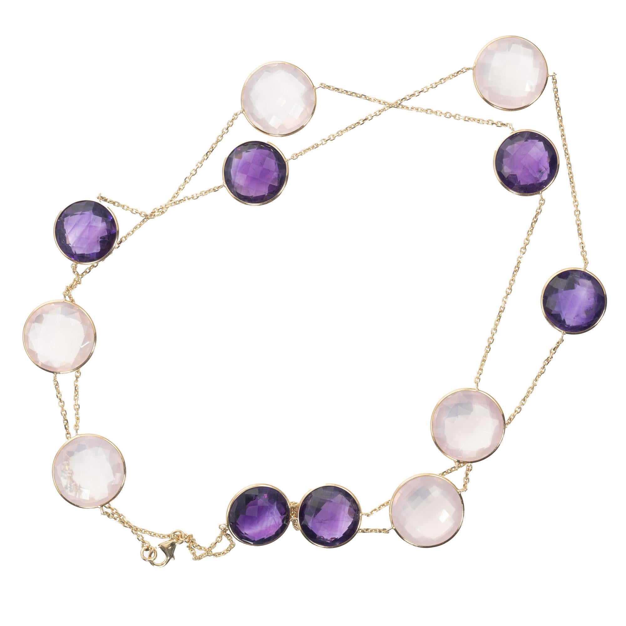 Round Cut 84.00 Carat Round Amethyst Rose Quartz Yellow Gold Necklace For Sale