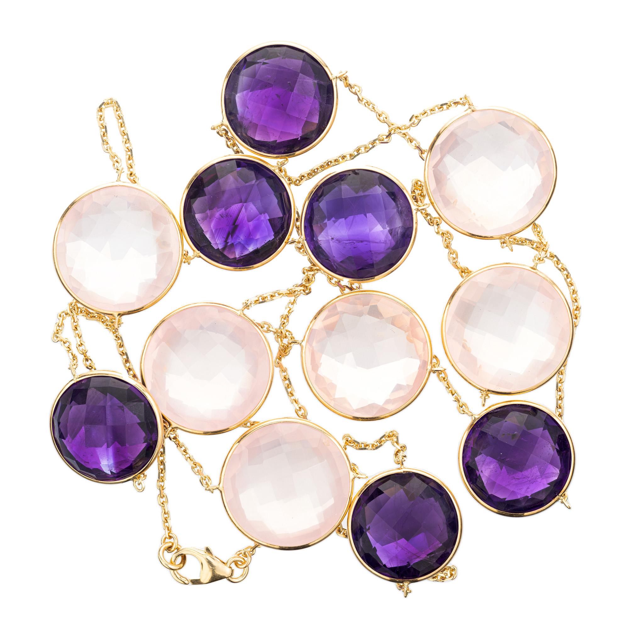 84.00 Carat Round Amethyst Rose Quartz Yellow Gold Necklace In Excellent Condition For Sale In Stamford, CT