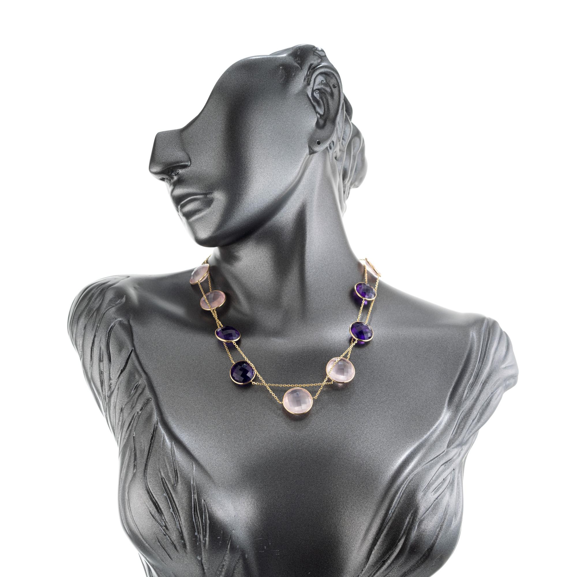 84,00 Karat runder Amethyst Rose Quarz Gelbgold Halskette im Angebot 1