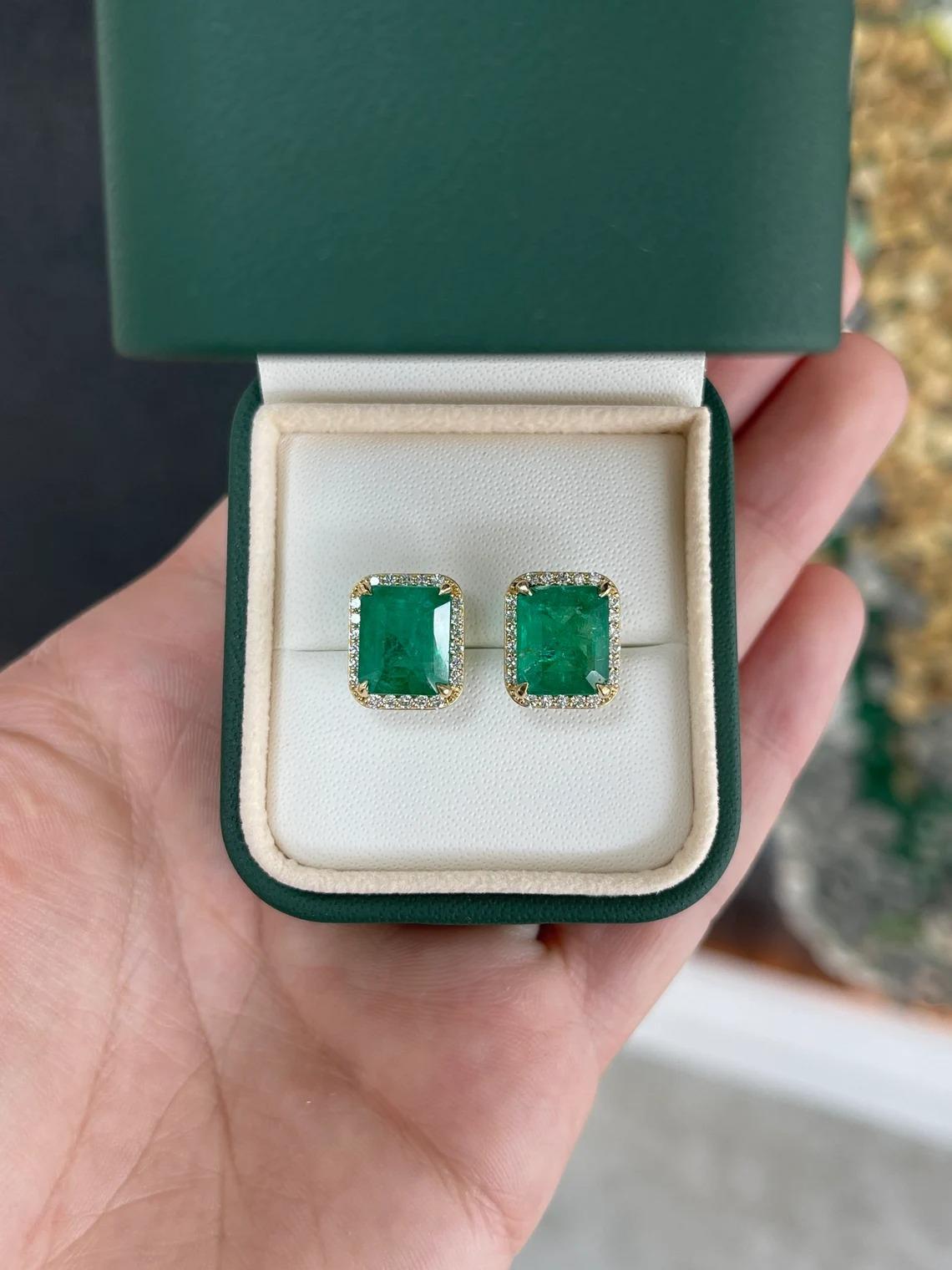 Taille émeraude 8.40tcw 14K Lush Dark Green Emerald Cut Emerald & Diamond Halo Stud Earrings en vente