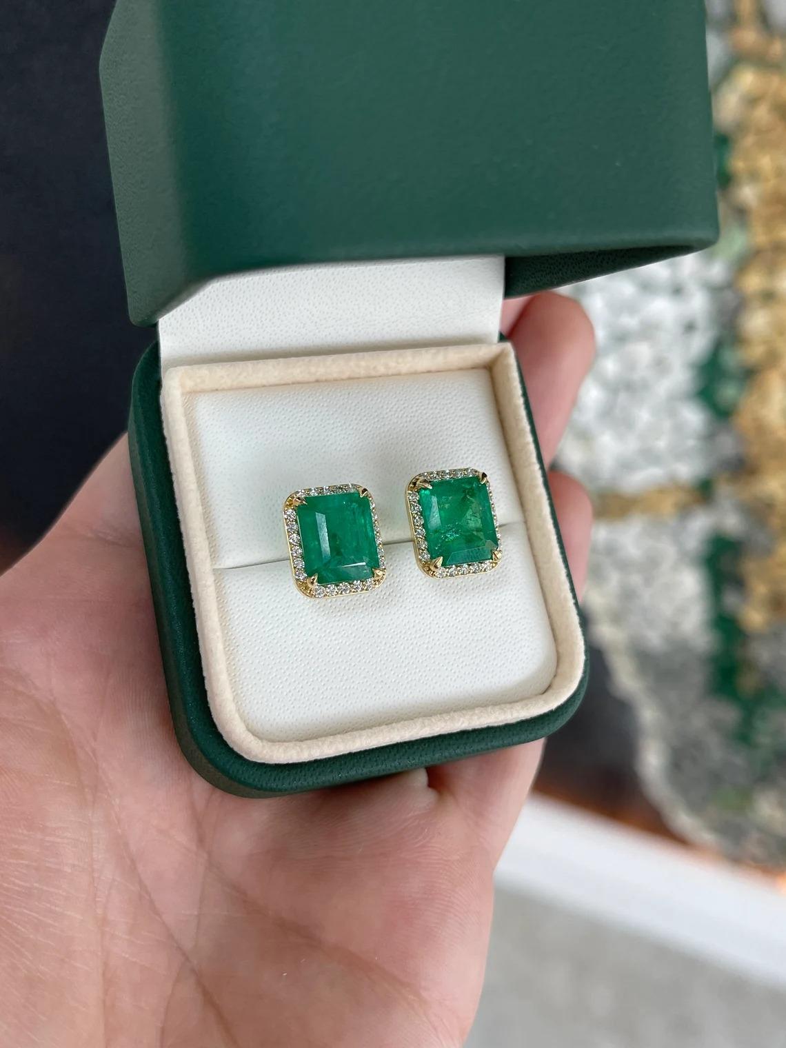 8.40tcw 14K Lush Dark Green Emerald Cut Emerald & Diamond Halo Stud Earrings Neuf - En vente à Jupiter, FL