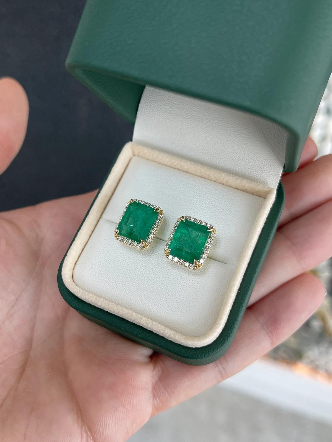Women's 8.40tcw 14K Lush Dark Green Emerald Cut Emerald & Diamond Halo Stud Earrings For Sale