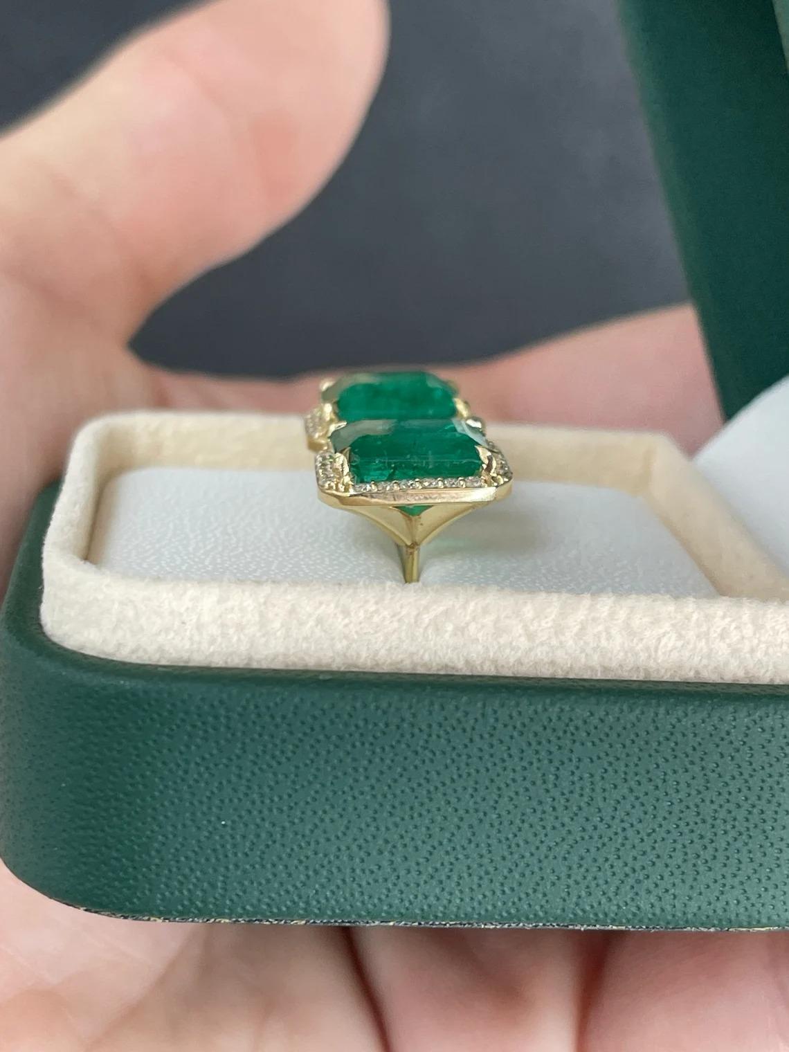 8.40tcw 14K Lush Dark Green Emerald Cut Emerald & Diamond Halo Stud Earrings For Sale 1