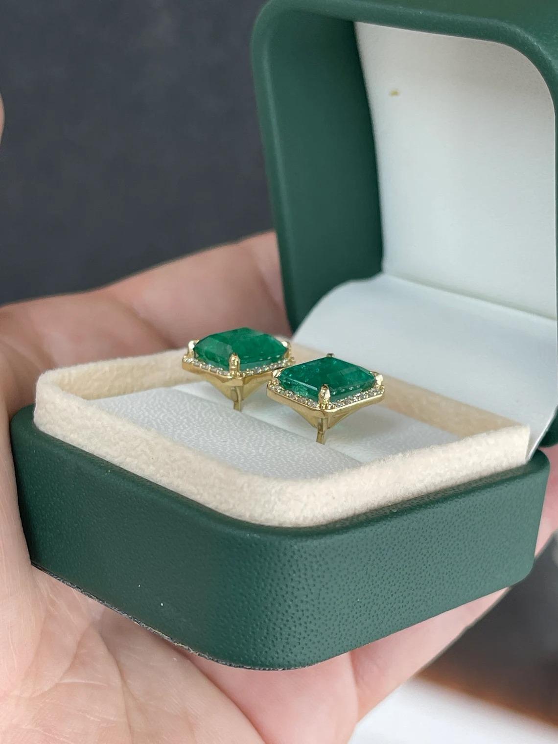 8.40tcw 14K Lush Dark Green Emerald Cut Emerald & Diamond Halo Stud Earrings For Sale 2