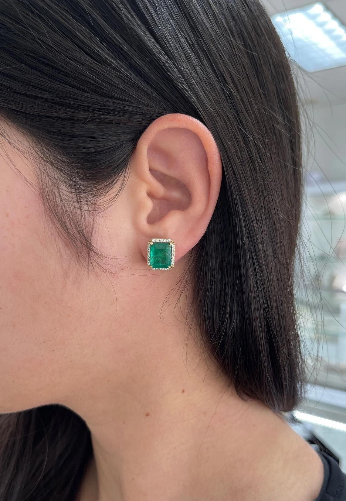 8.40tcw 14K Lush Dark Green Emerald Cut Emerald & Diamond Halo Stud Earrings For Sale 3